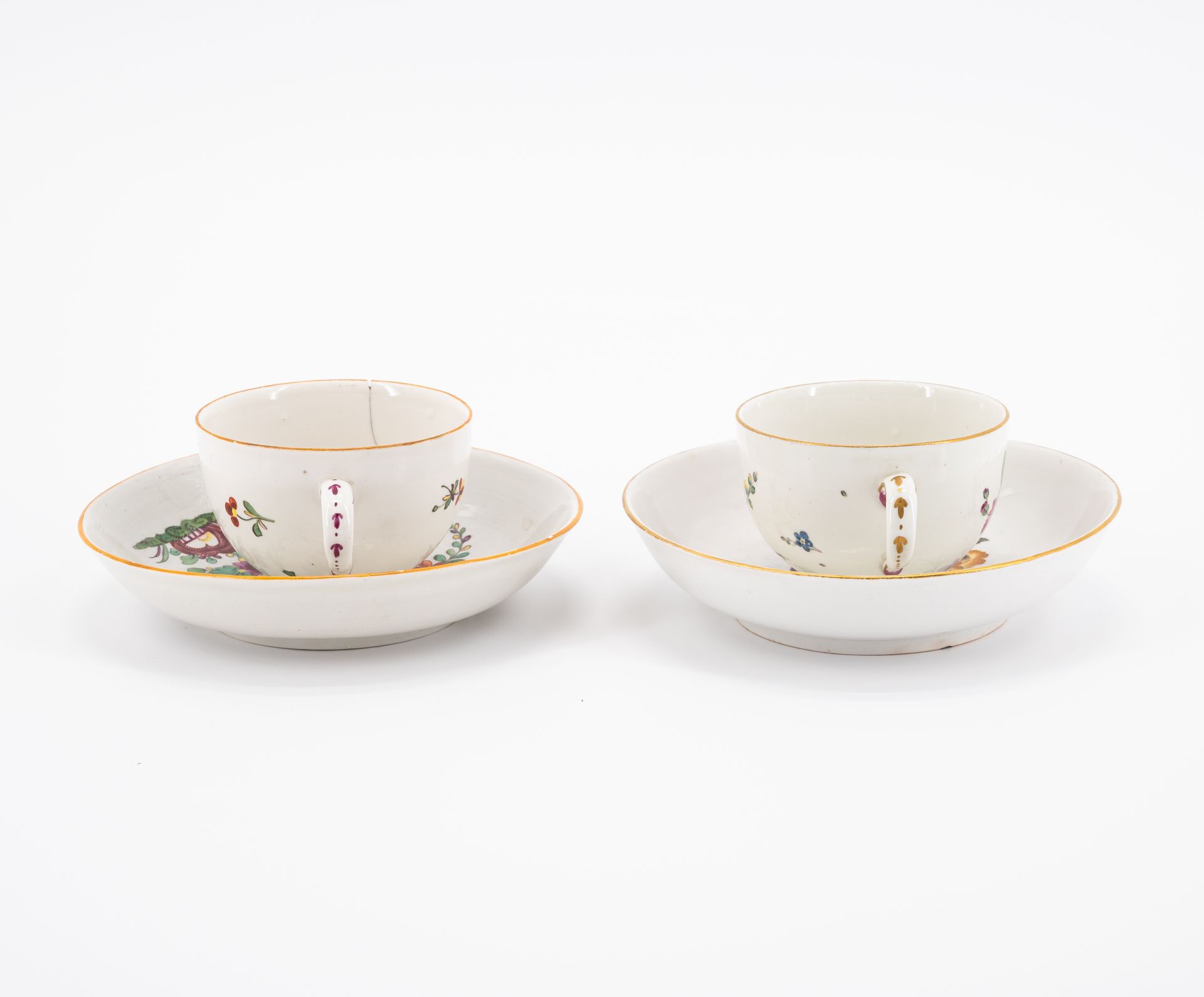 SIX PORCELAIN CUPS AND THREE SAUCERS WITH BIRD DECOR, FLOWERS AND LANDSCAPE SCENES - Image 8 of 16