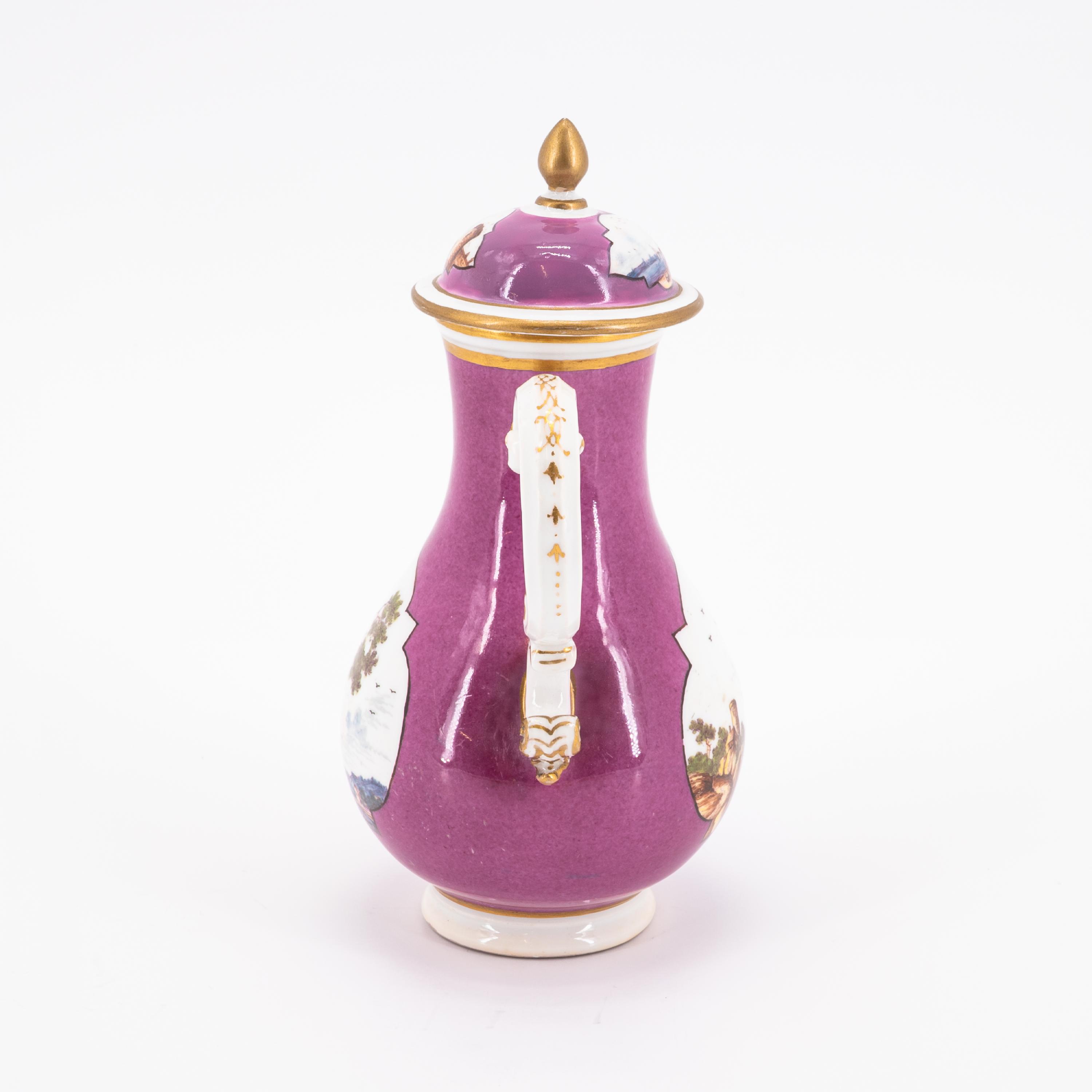 A PORCELAIN COFFEE JUG, CUP AND SAUCER WITH PURPLE GROUND AND LANDSCAPE CARTOUCHES - Image 7 of 11
