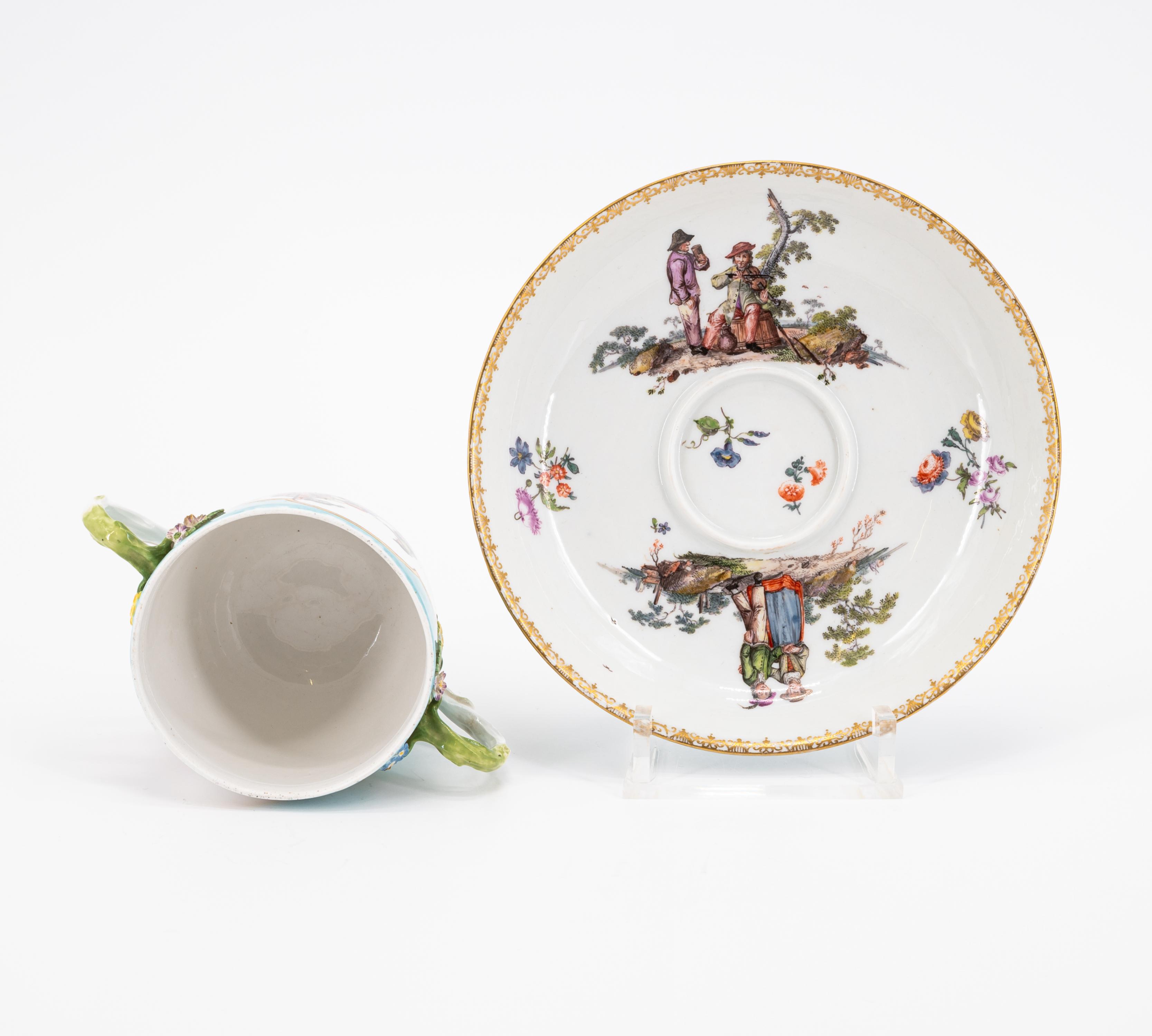 PORCELAIN MUG WITH TURQUOISE GROUND, APPLIED FLOWERS AND RURAL SCENES - Image 5 of 6