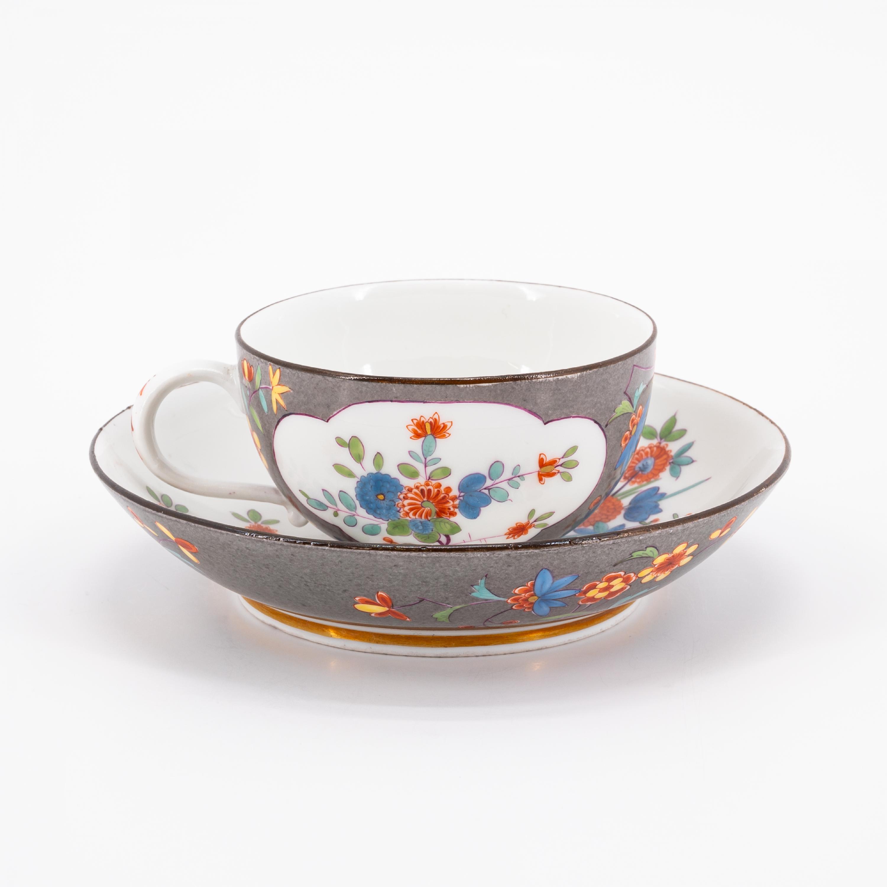 PORCELAIN CAP & SAUCER WITH GREY GROUND AND "INDIAN FLOWERS" & CUP WITH TURQUOISE GROUND AND CRANE - Image 3 of 11