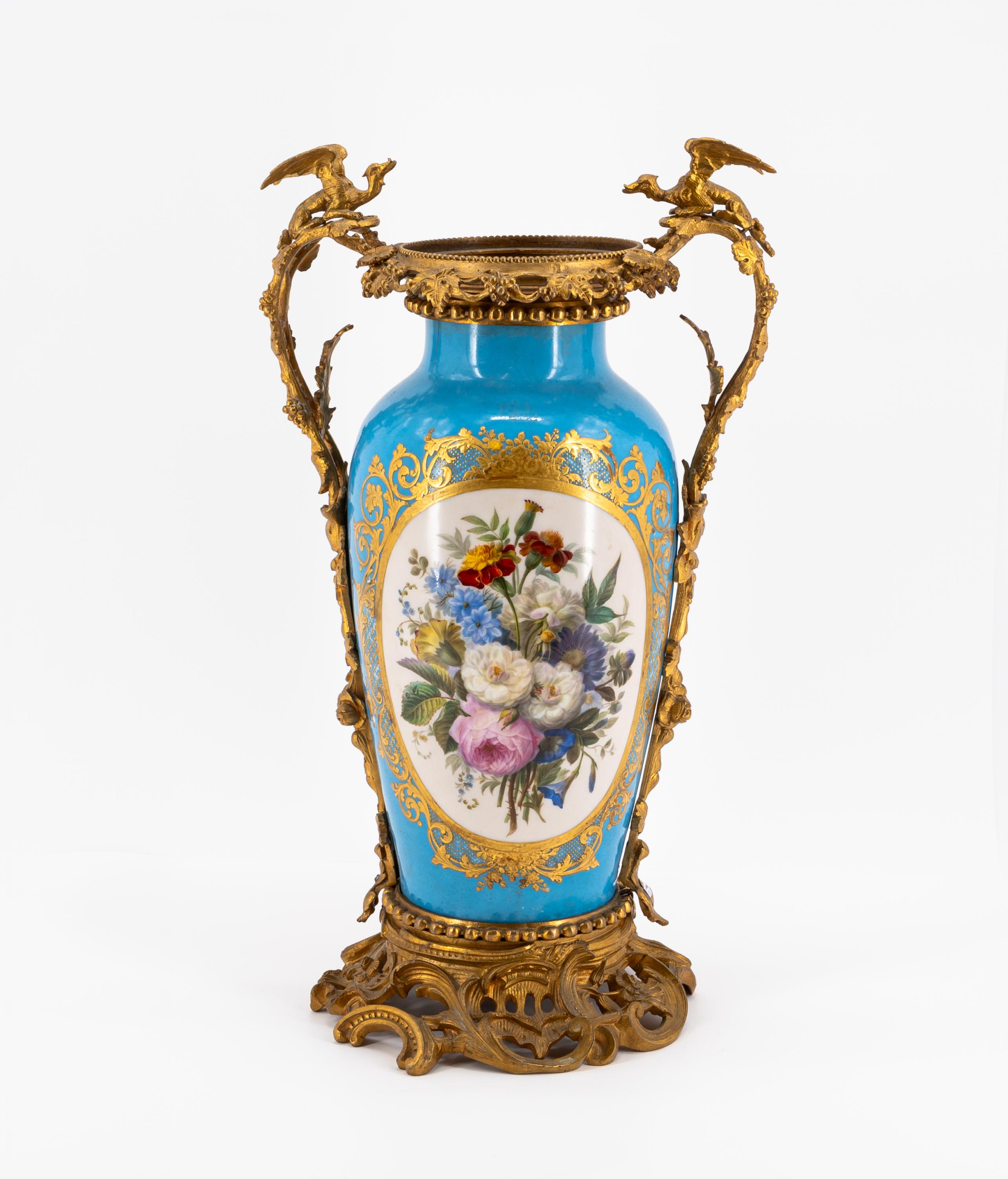 LARGE PORCELAIN VASE WITH TURQUOISE GROUND, PARK SCENE AND BRONZE MOUNTINGS - Image 3 of 5