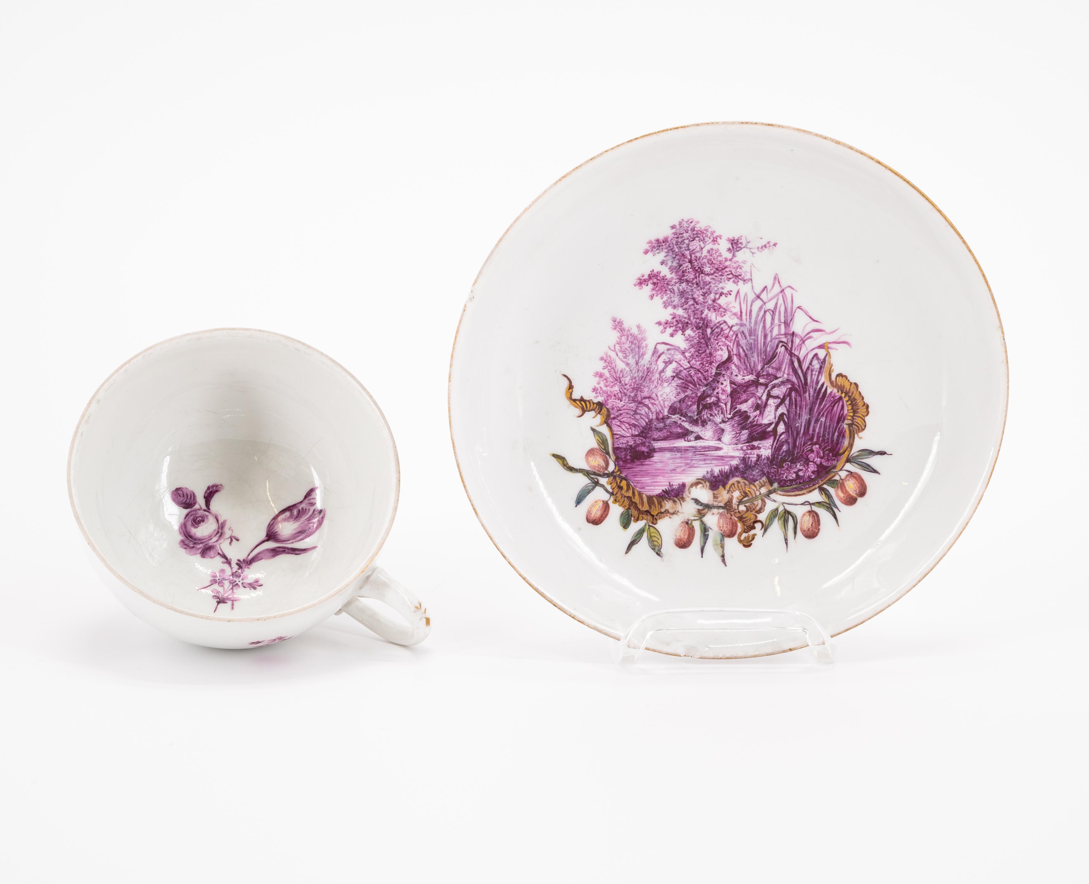 PORCELAIN CUP AND SAUCER WITH HUNTING SCENES IN PURPLE CAMAIEU - Image 5 of 6
