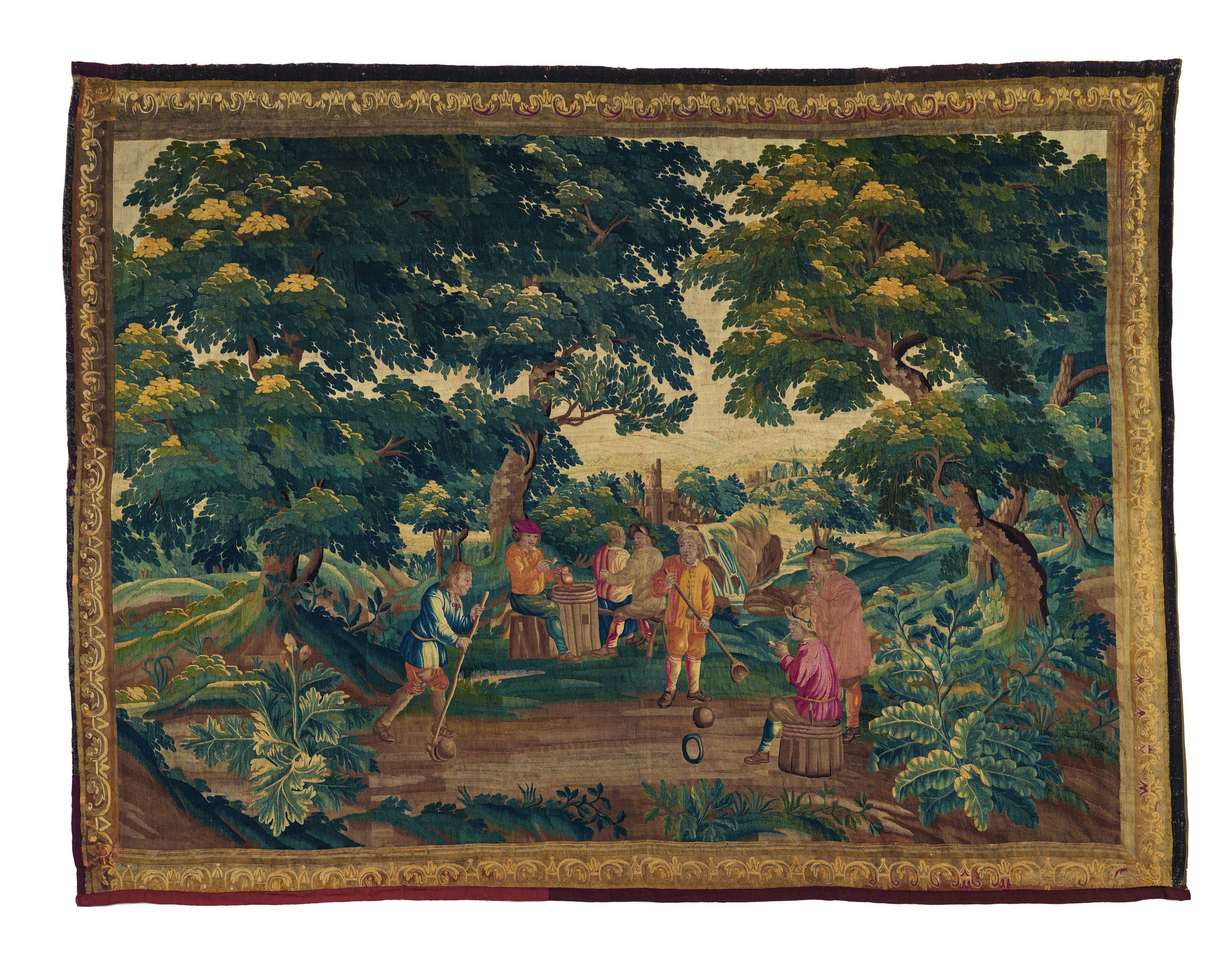 SILK TAPESTRY WITH CROQUET SET AFTER DAVID TENIERS THE YOUNGER