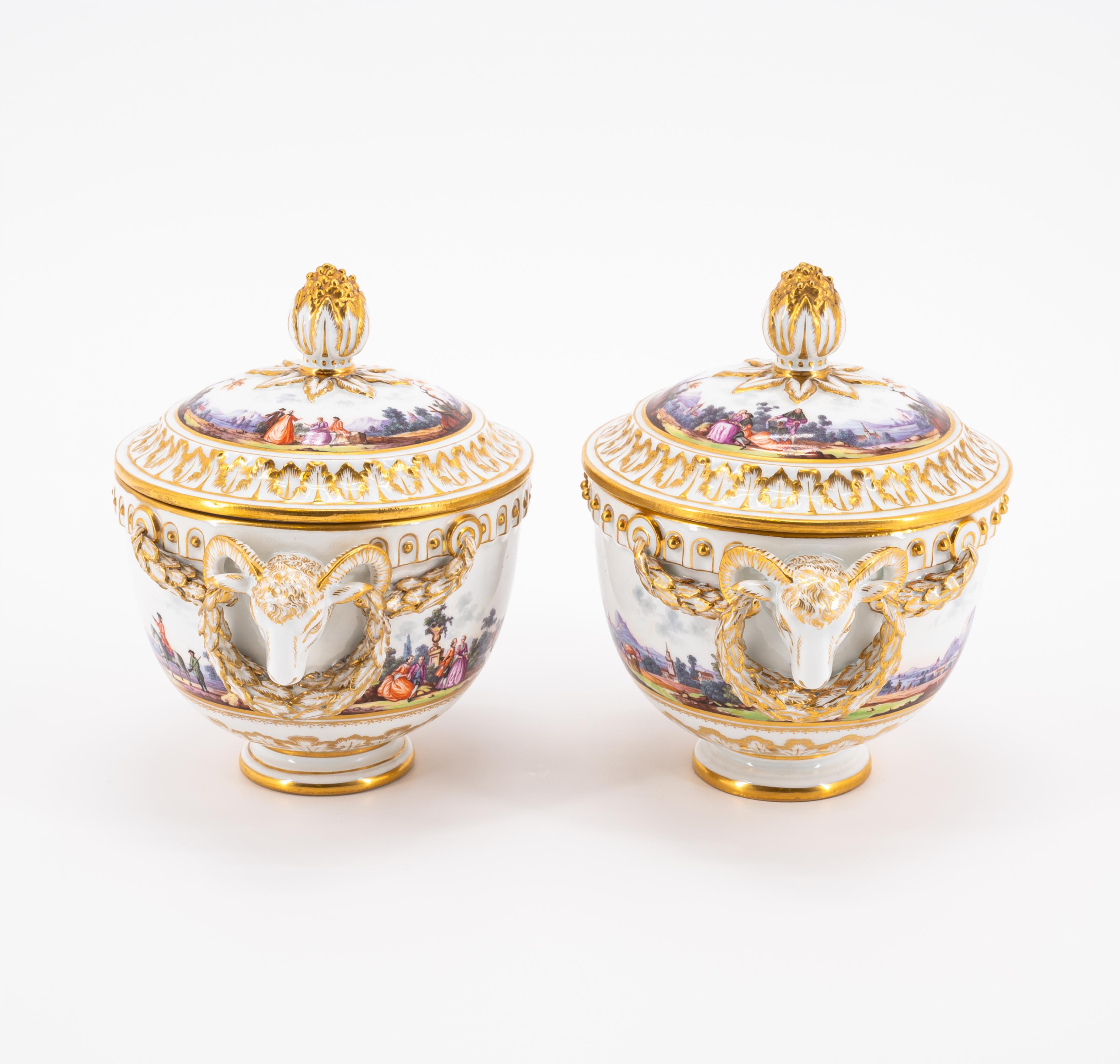 PAIR OF PORCELAIN LIDDED VESSELS WITH RAM DECORATION AND SURROUNDING LANDSCAPE PAINTINGS - Image 2 of 8