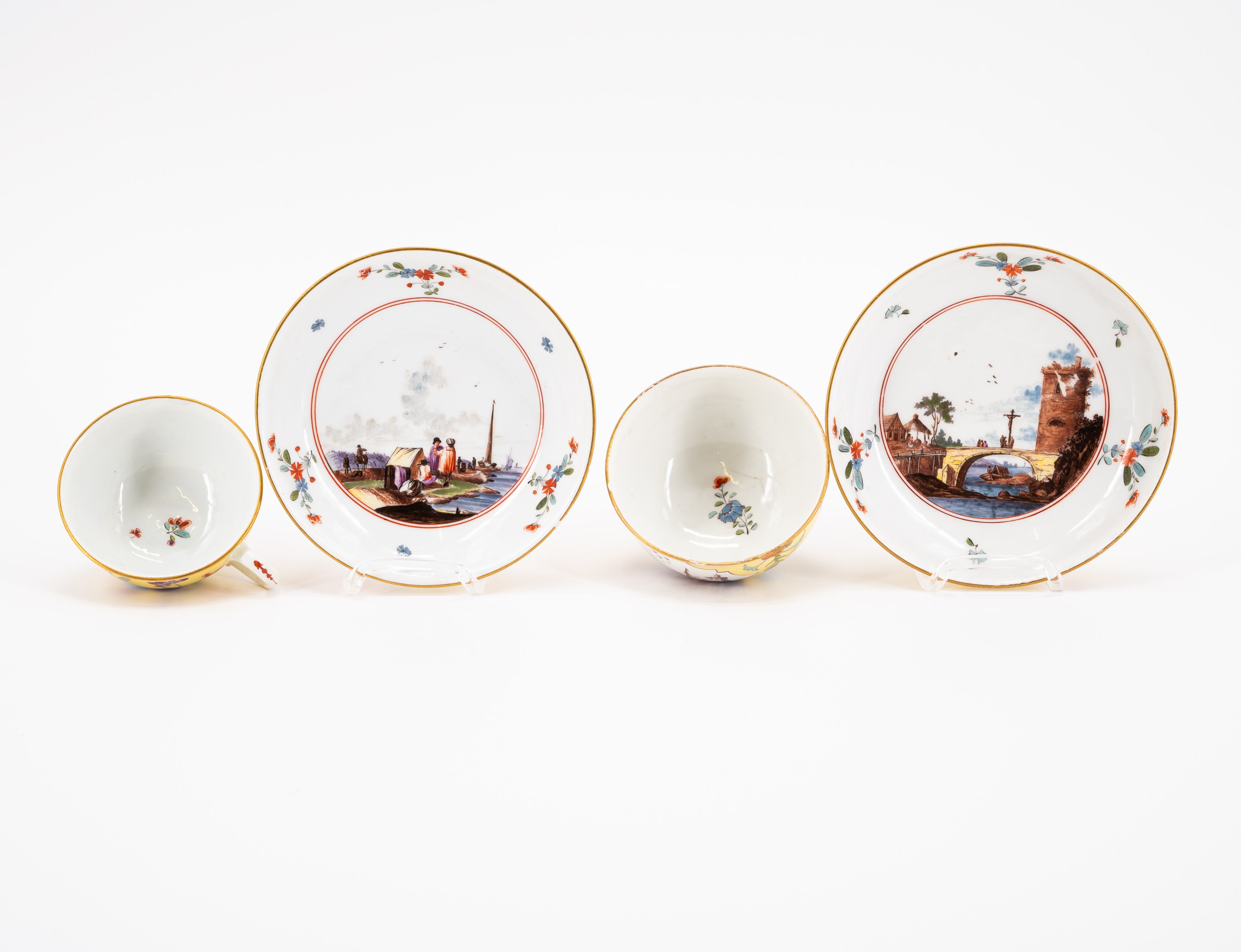 PORCELAIN CUP AND TEA BOWL WITH SAUCERS AND MERCHANT SCENES ON YELLOW GROUND - Image 5 of 6