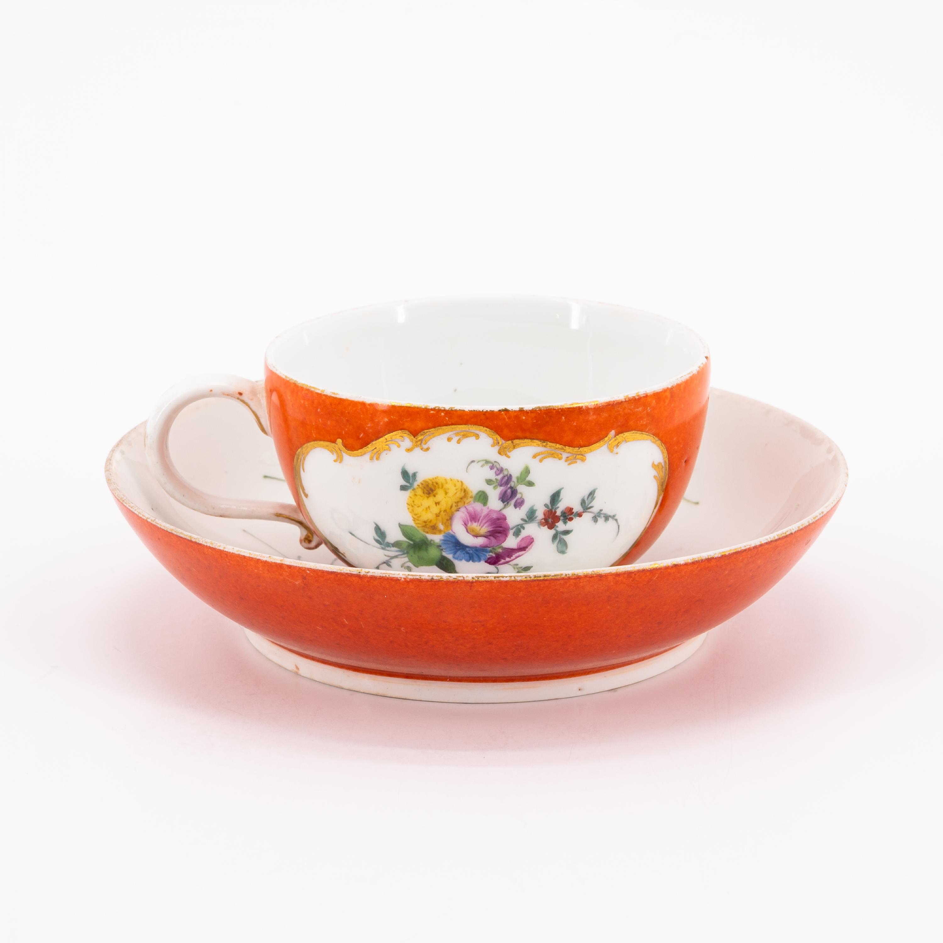 TWO PORCELAIN CUPS AND SAUCERS WITH YELLOW AND ORANGE COLOURED GROUND AS WELL AS FLORAL DECOR - Image 8 of 11