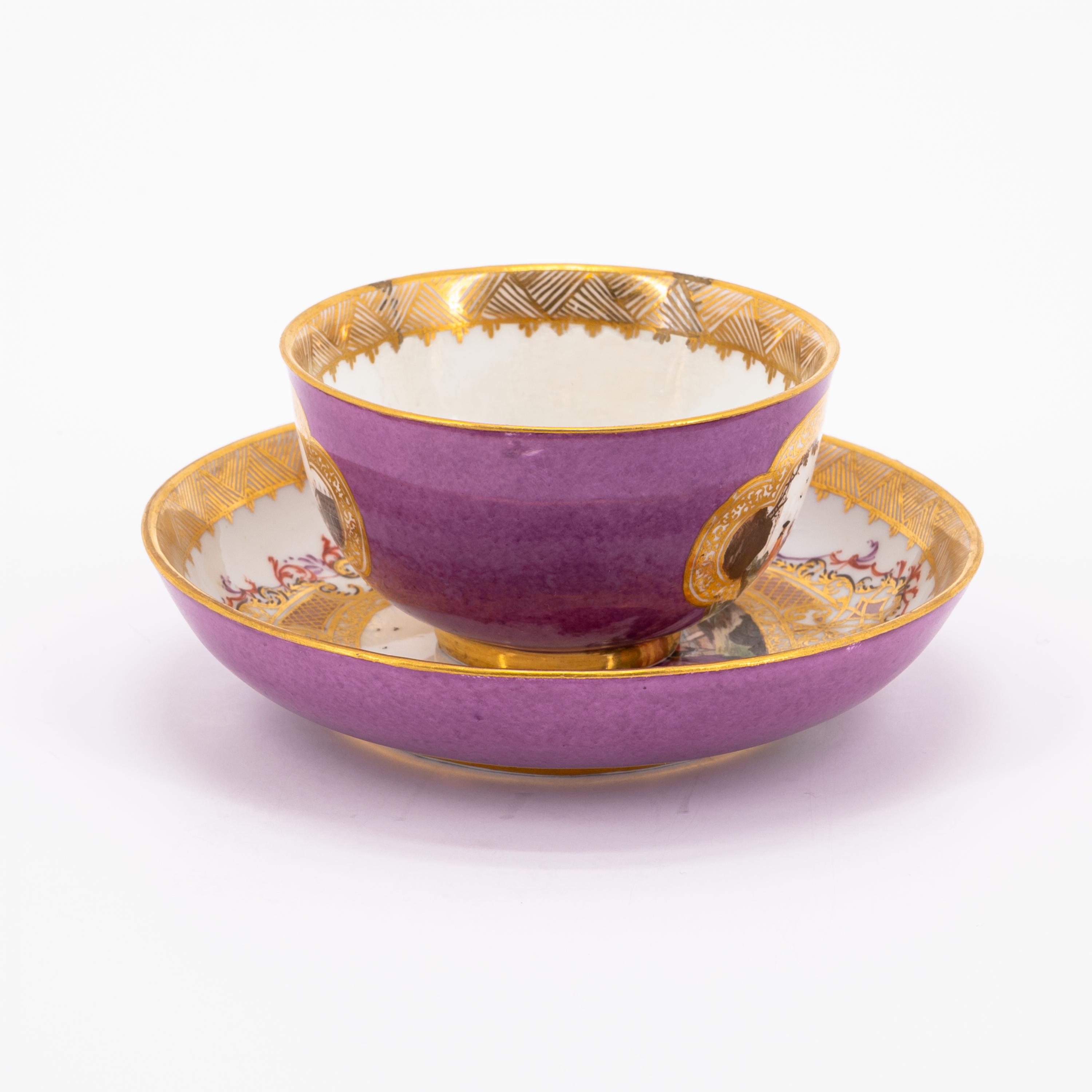 TWO PORCELAIN TEA BOWLS AND TWO SAUCER WITH PURPLE FOND AND MERCHANT NAVY SCENE - Image 9 of 11