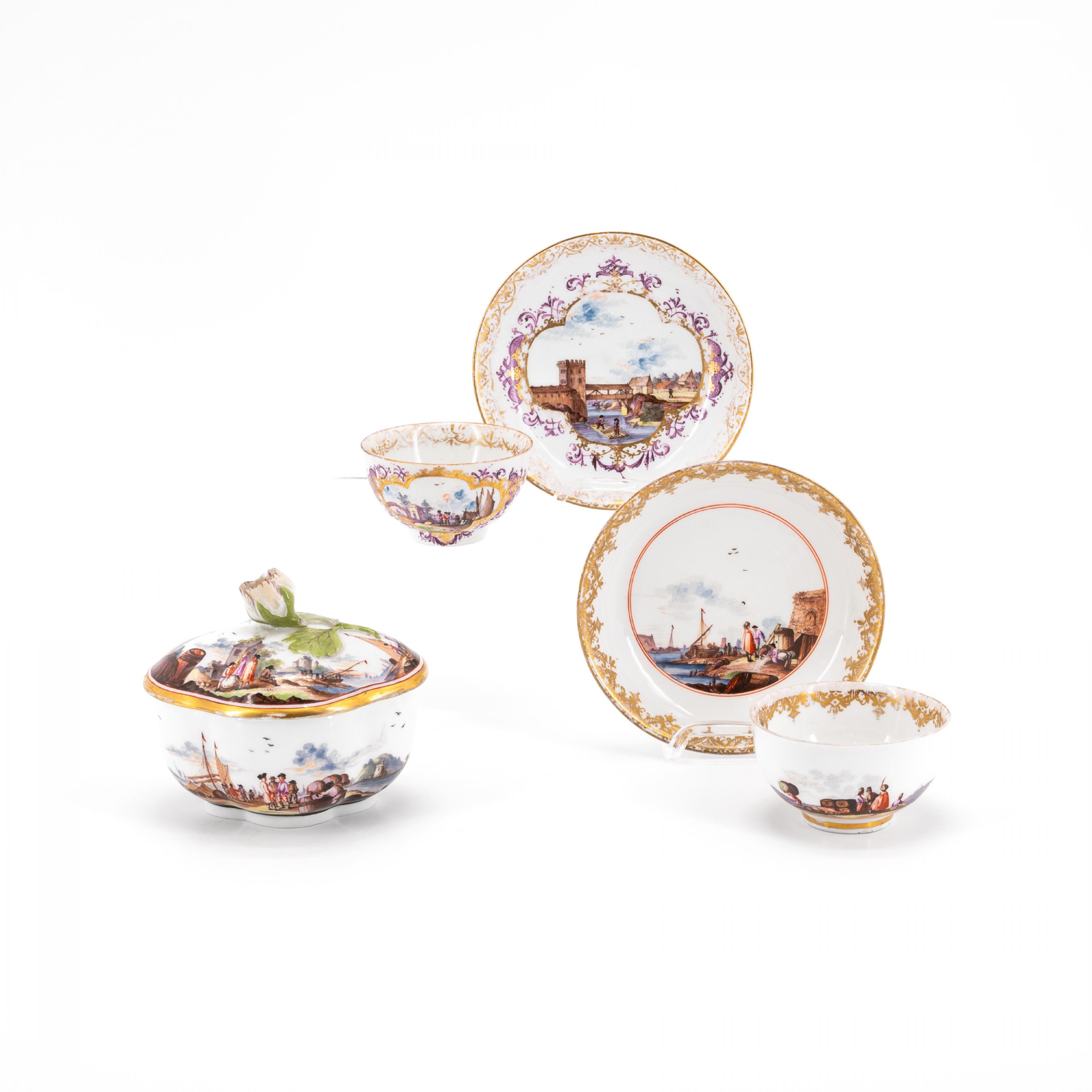 TWO TEA BOWLS WITH SAUCERS AND ONE SUGAR BOWL AND LID WITH MERCHANT SCENES