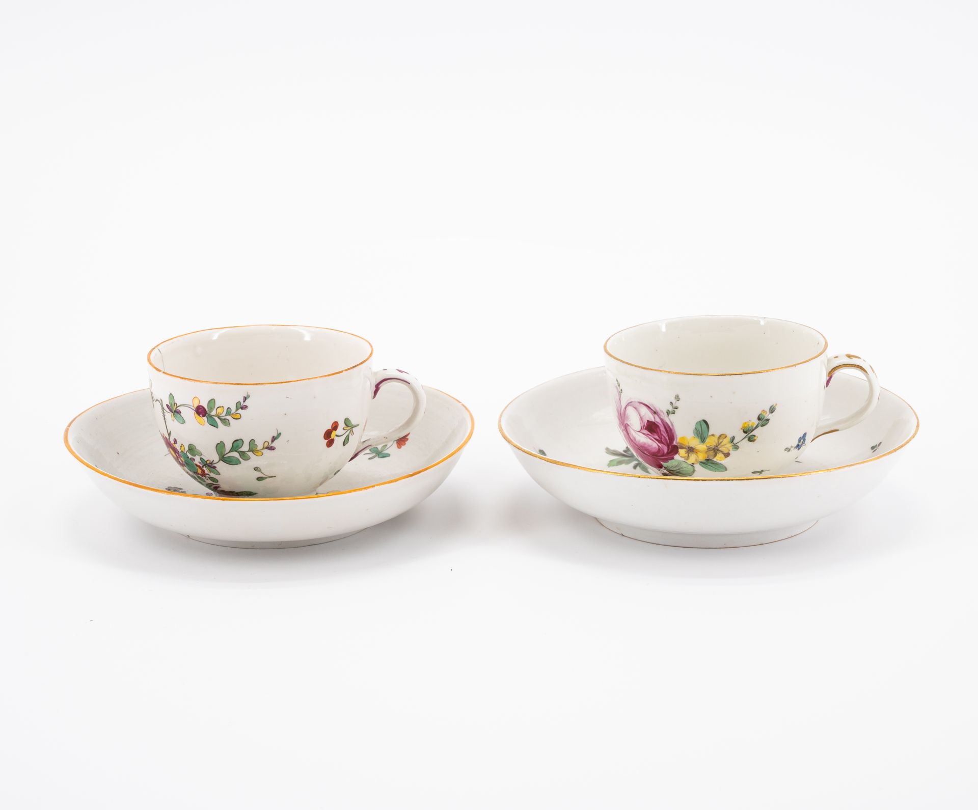 SIX PORCELAIN CUPS AND THREE SAUCERS WITH BIRD DECOR, FLOWERS AND LANDSCAPE SCENES - Image 7 of 16