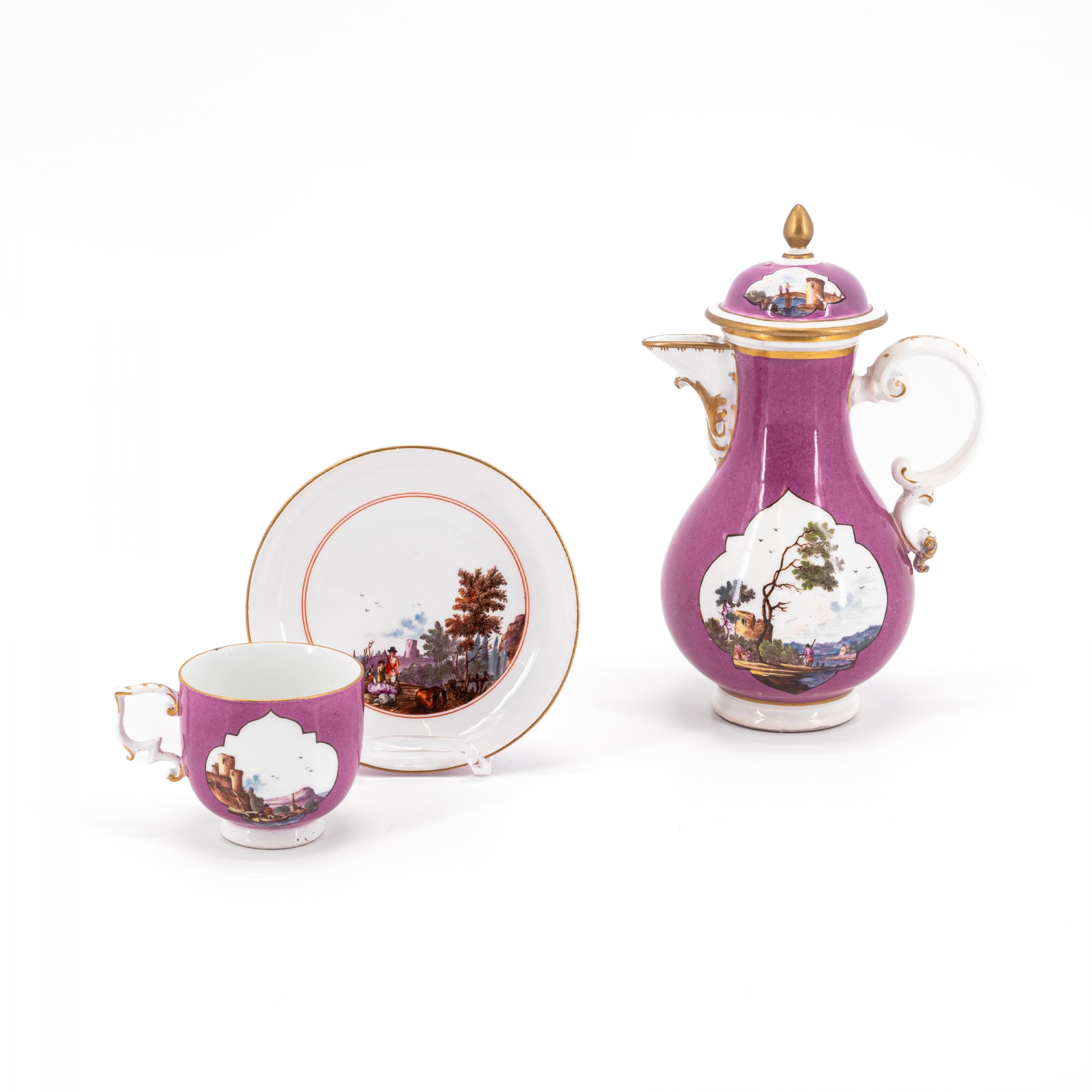 A PORCELAIN COFFEE JUG, CUP AND SAUCER WITH PURPLE GROUND AND LANDSCAPE CARTOUCHES