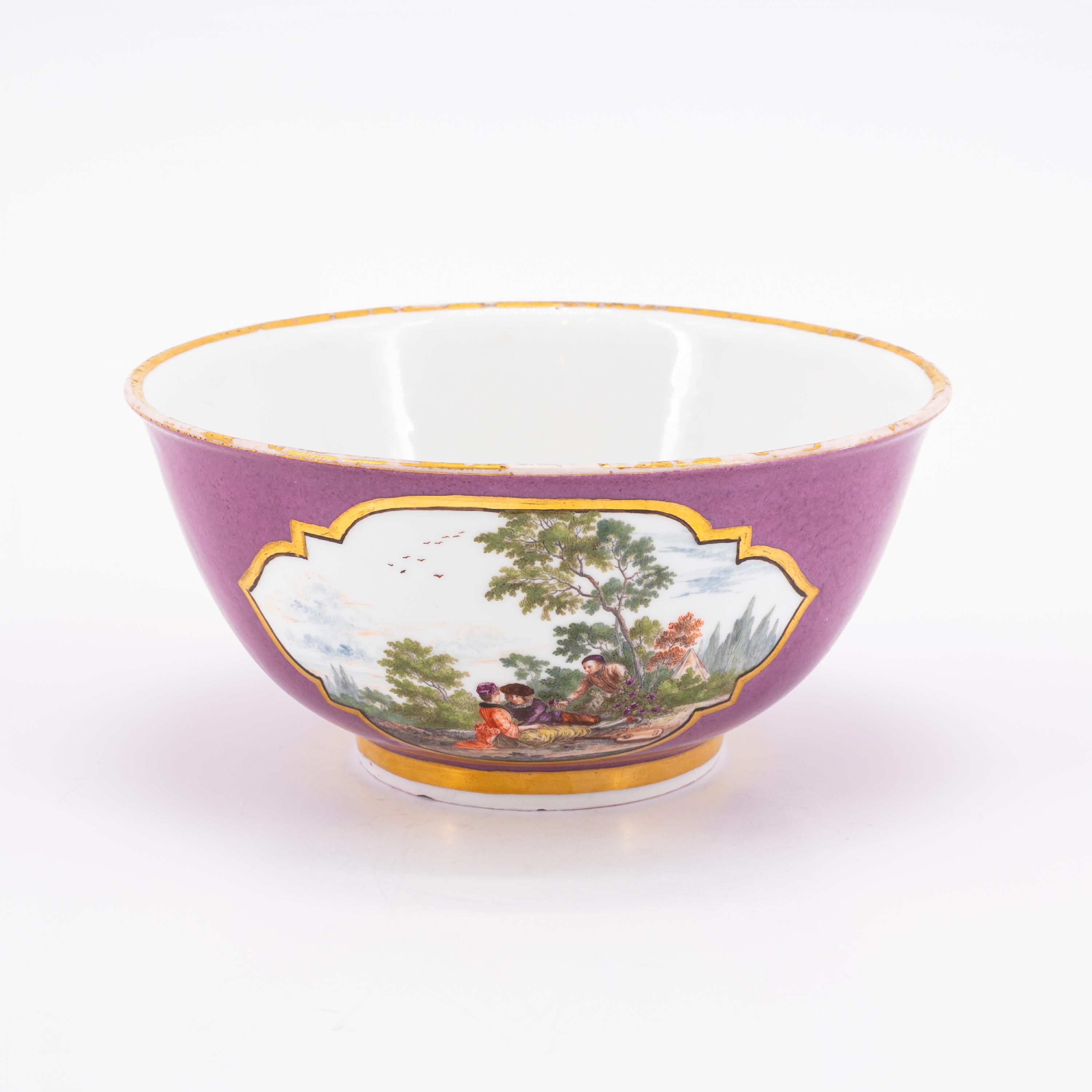 PORCELAIN SLOP BOWL, CUP WITH SAUCER AND PURPLE GROUND AND GALLANT PARK SCENES - Image 8 of 11