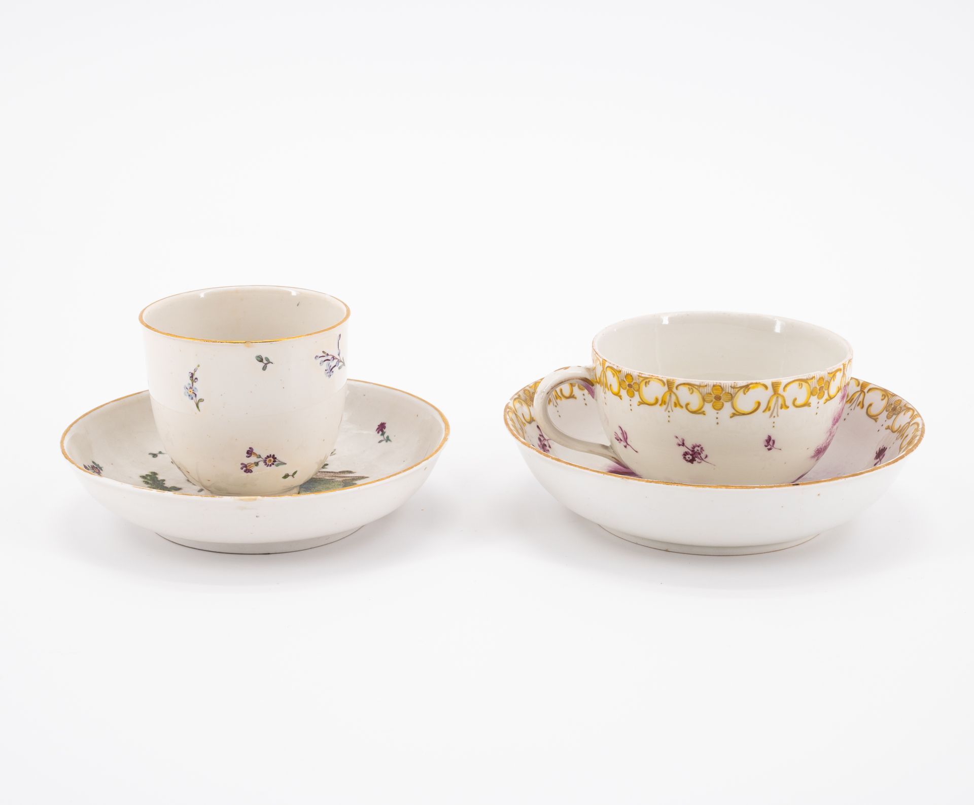 PORCELAIN SLOP BOWL, THREE CUPS AND SAUCERS WITH FIGURATIVE AND FLORAL DECOR - Image 14 of 22