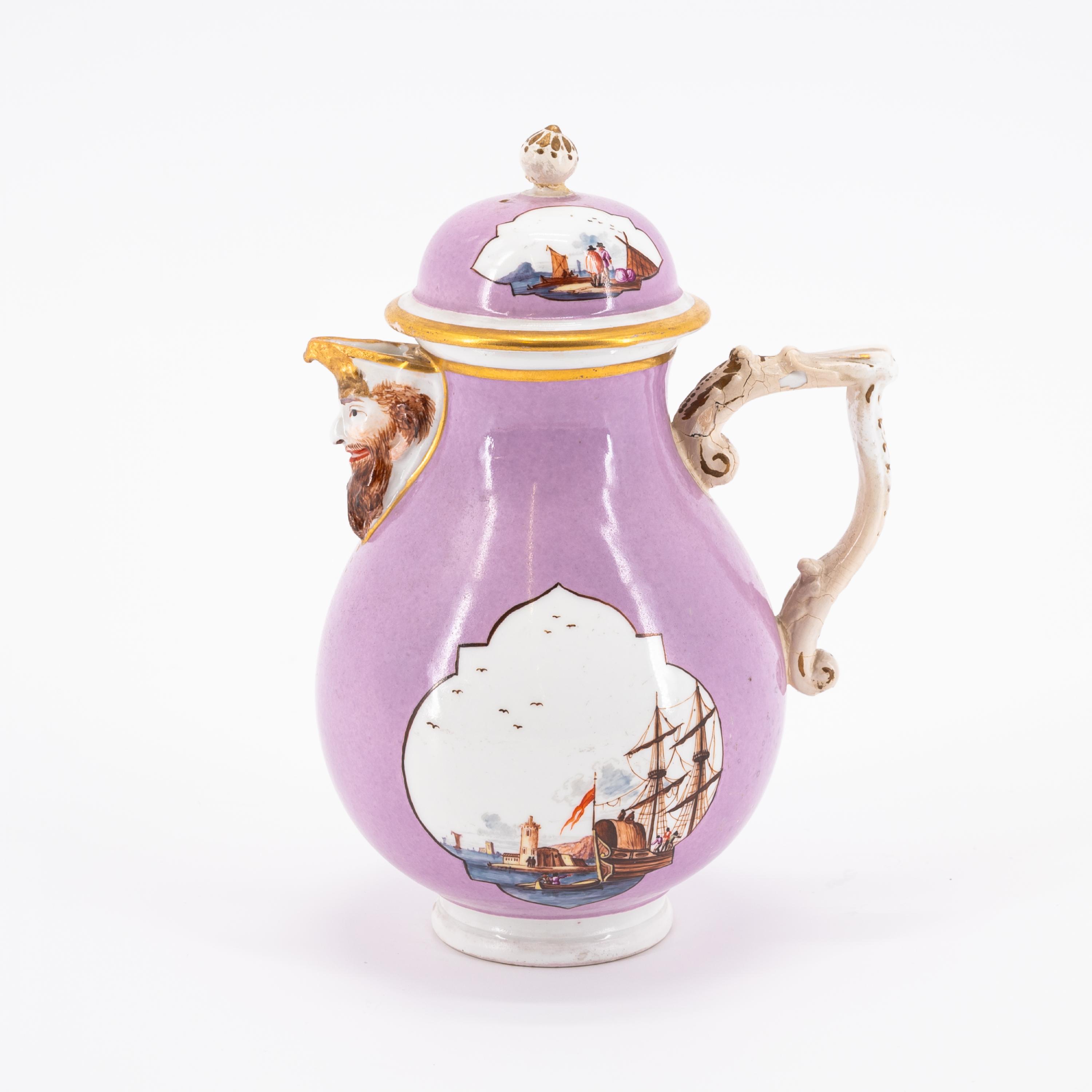 PORCELAIN TEAPOT AND COFFEEPOT WITH PURPLE GROUND AND MERCHANTS NAVY SCENES - Image 3 of 11