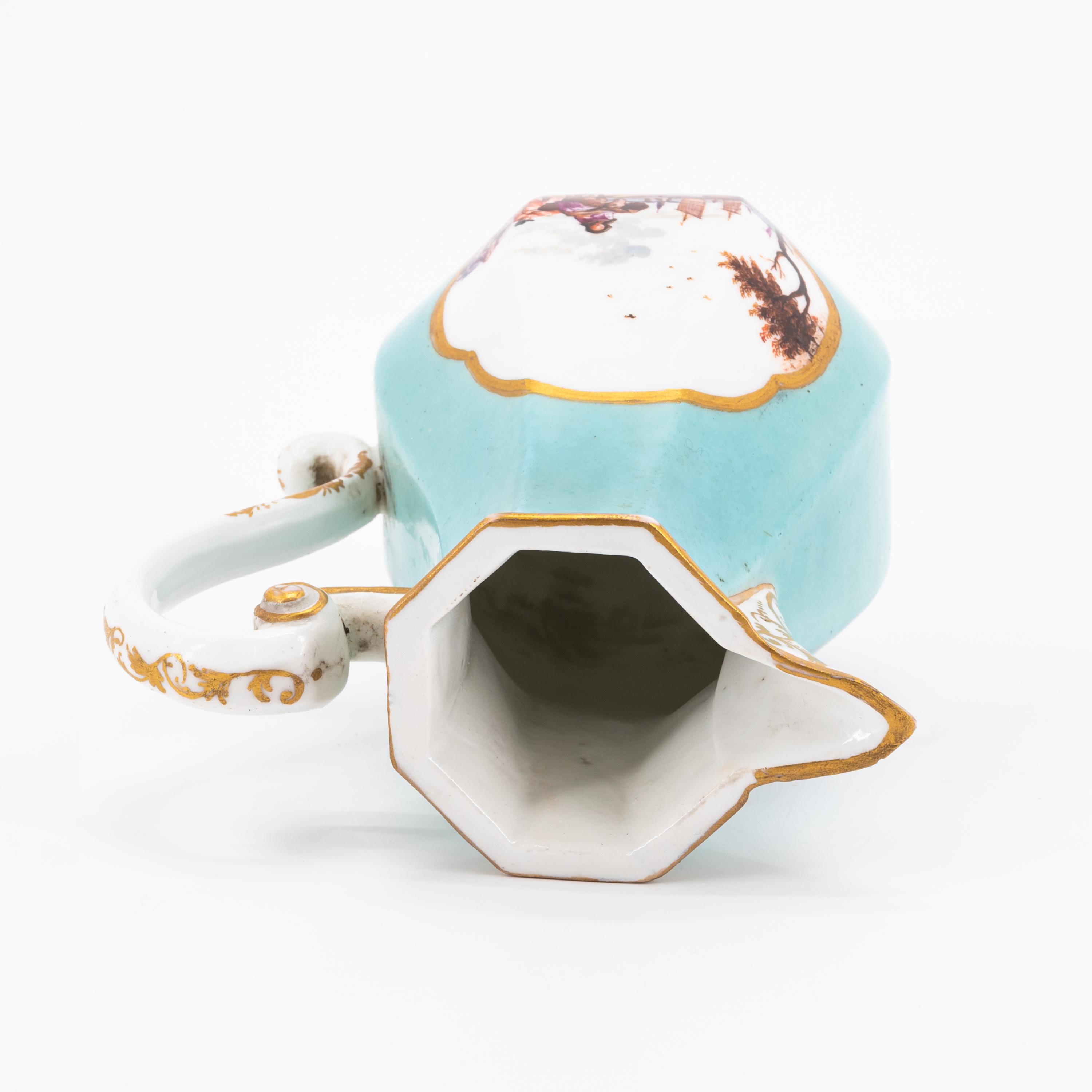 OCTAGONAL PORCELAIN CREAM JUG; HANDLES CUP AND SAUCER WITH TURQUOISE BACKGROUND AND LANDSCAPE DECORA - Image 10 of 11