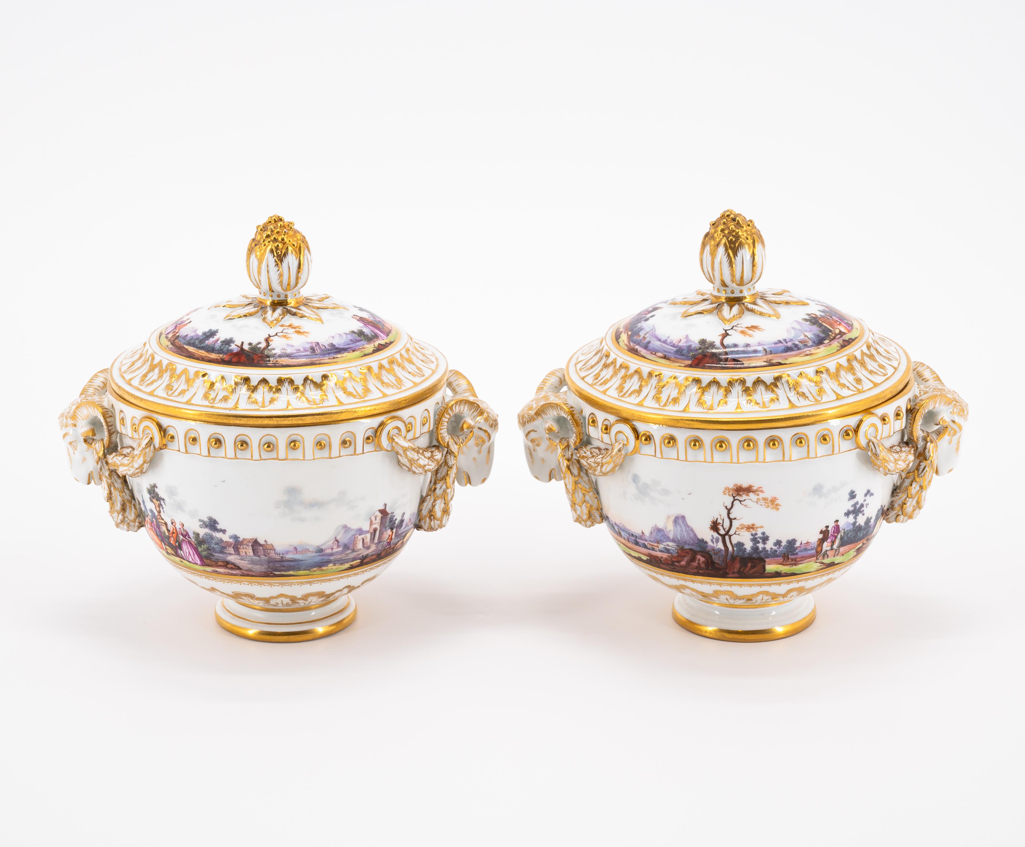 PAIR OF PORCELAIN LIDDED VESSELS WITH RAM DECORATION AND SURROUNDING LANDSCAPE PAINTINGS - Image 3 of 8