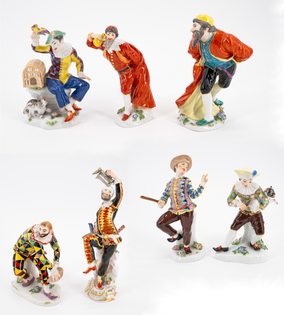 FOUR LARGE AND THREE SMALL PORCELAIN FIGURINES FROM THE COMMEDIA DELL'ARTE