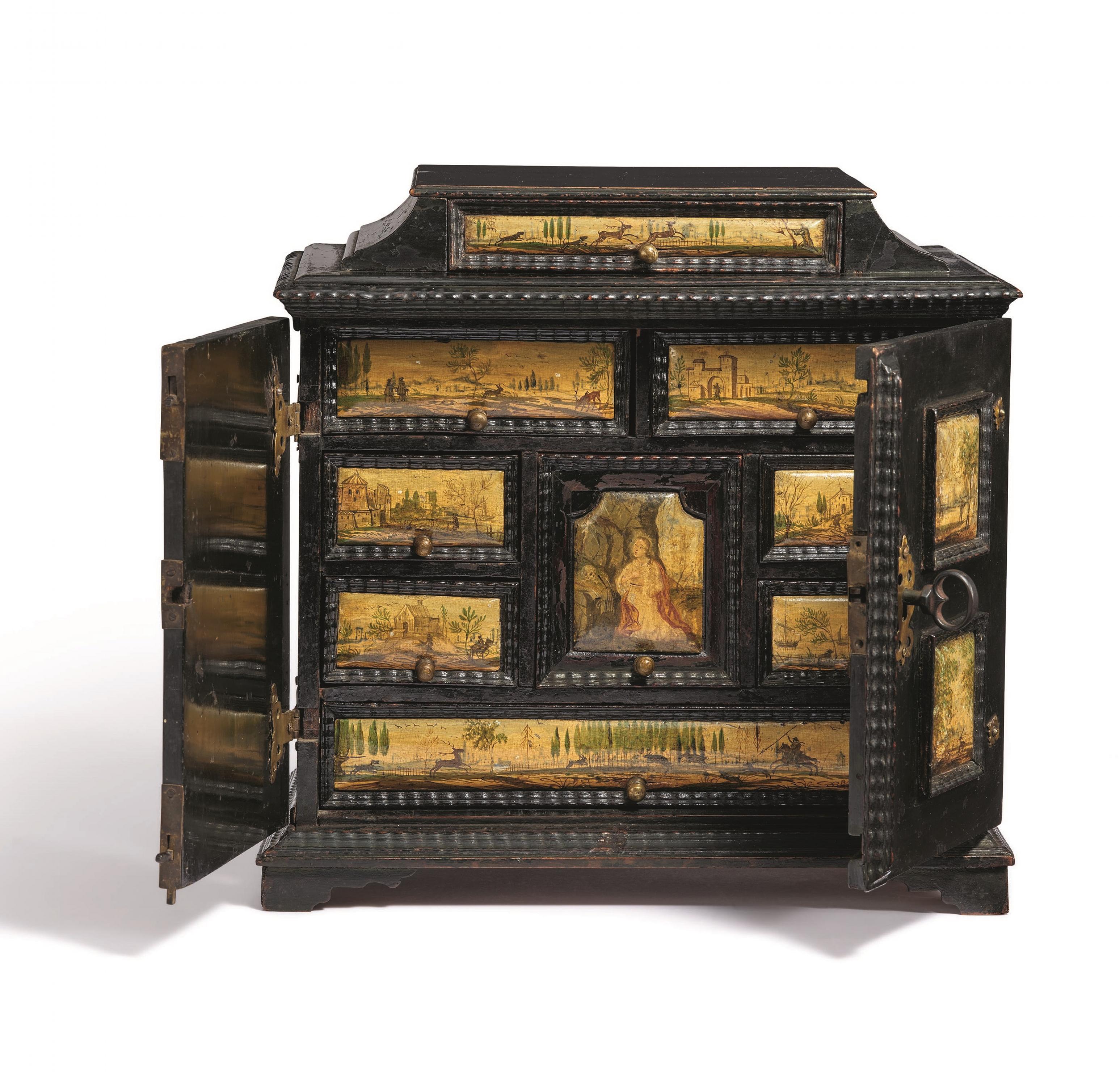 SOFTWOOD CABINET ON STAND WITH LANDSCAPES AND HUNTING SCENES