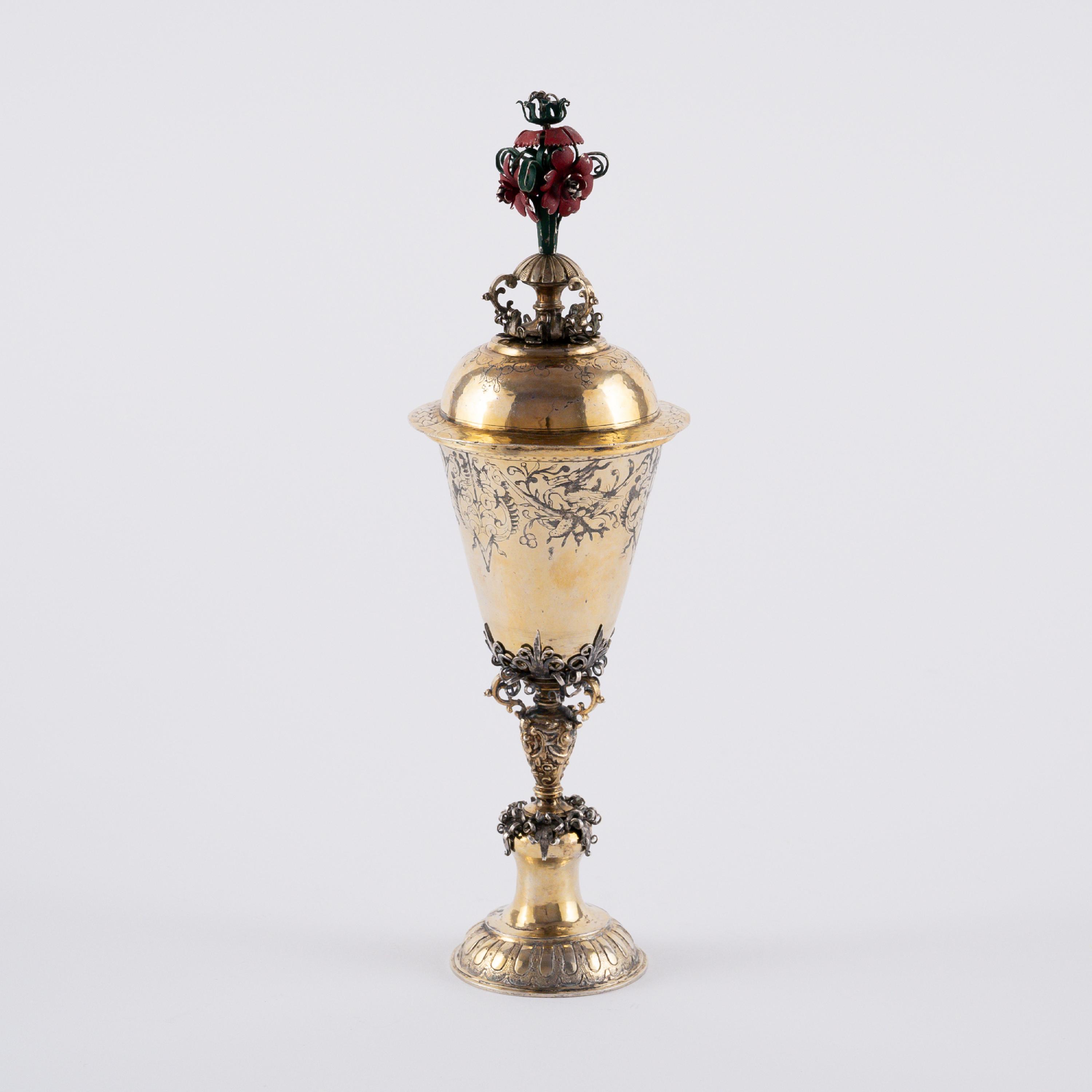 EARLY VERMEIL SILVER LIDDED GOBLET WITH COLOURED LID - Image 4 of 7