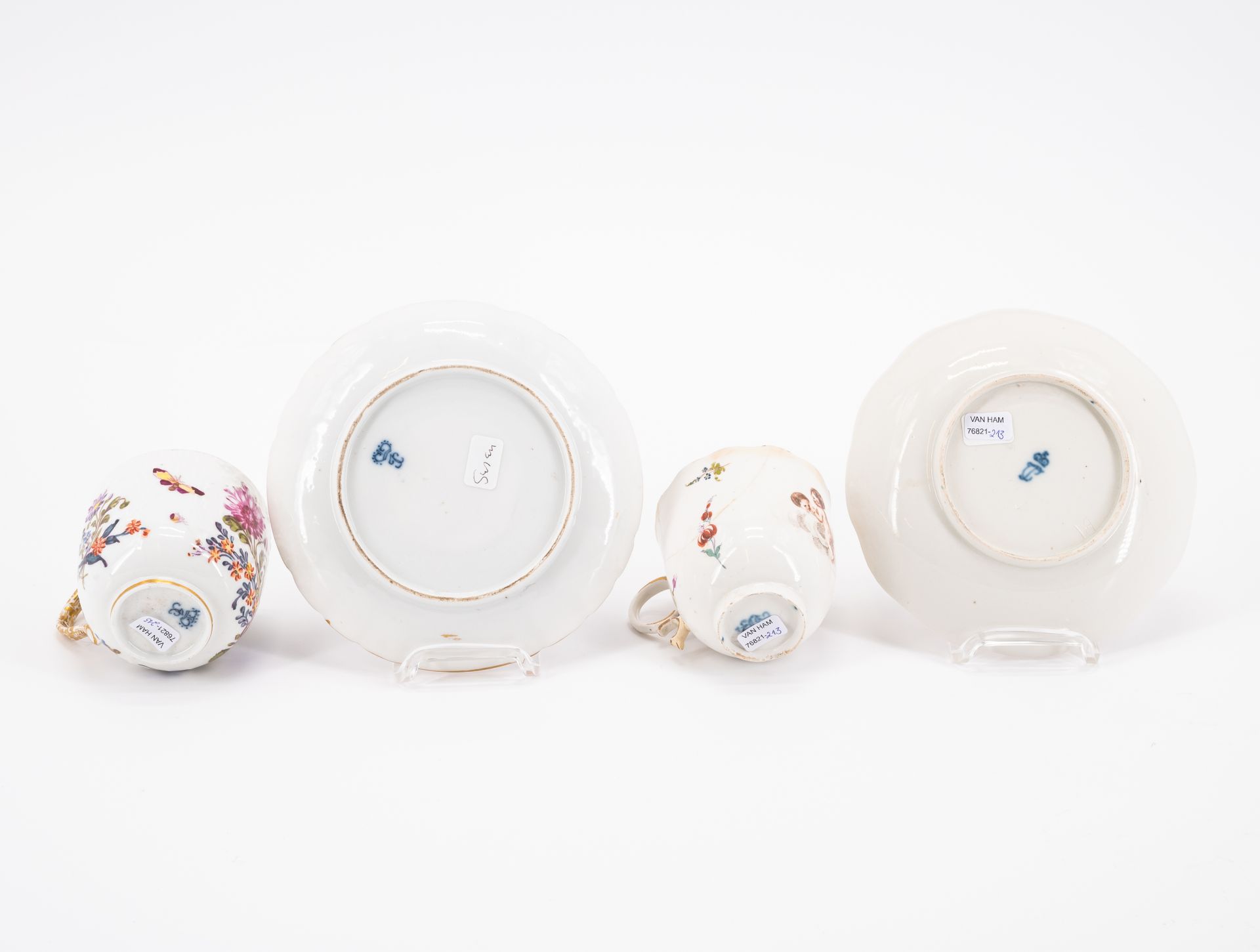 PORCELAIN SLOP BOWL, THREE CUPS AND SAUCERS WITH FIGURATIVE AND FLORAL DECOR - Image 6 of 22