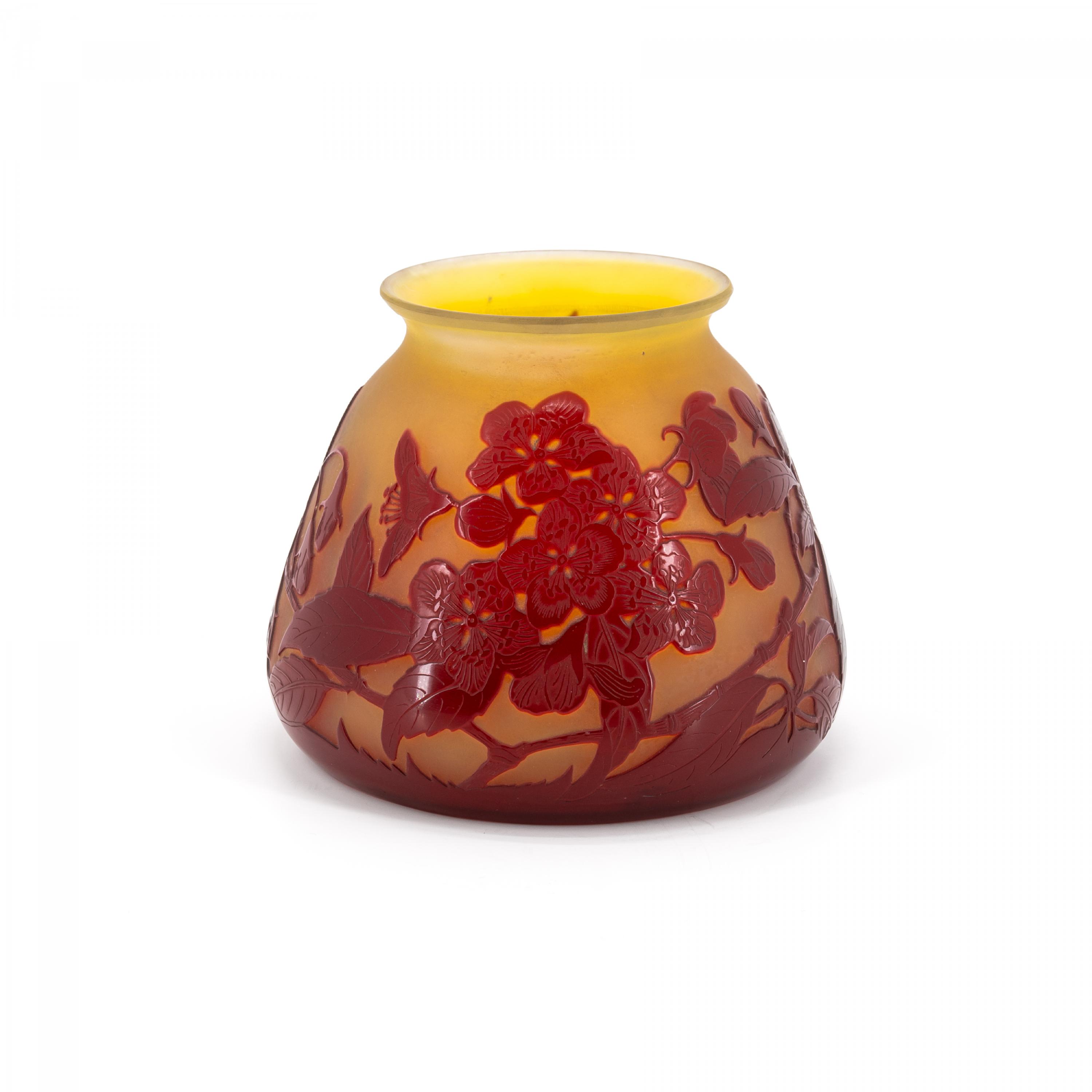 SMALL BULBOUS GLASS VASE WITH CHARRY BLOSSOM DECOR