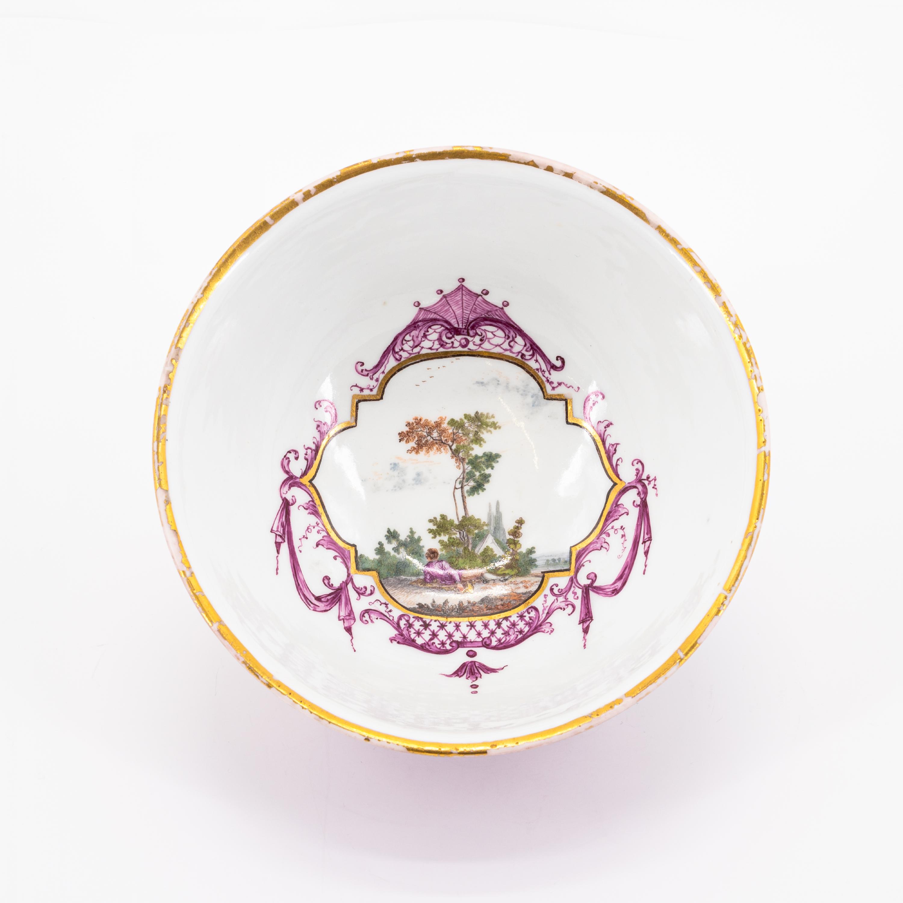 PORCELAIN SLOP BOWL, CUP WITH SAUCER AND PURPLE GROUND AND GALLANT PARK SCENES - Image 10 of 11