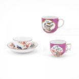 ONE PORCELAIN CUP AND SAUCER WITH QUAIL DECOR & TWO CUPS WITH PURPLE BACKGROUND AND BIRD DECOATIONS