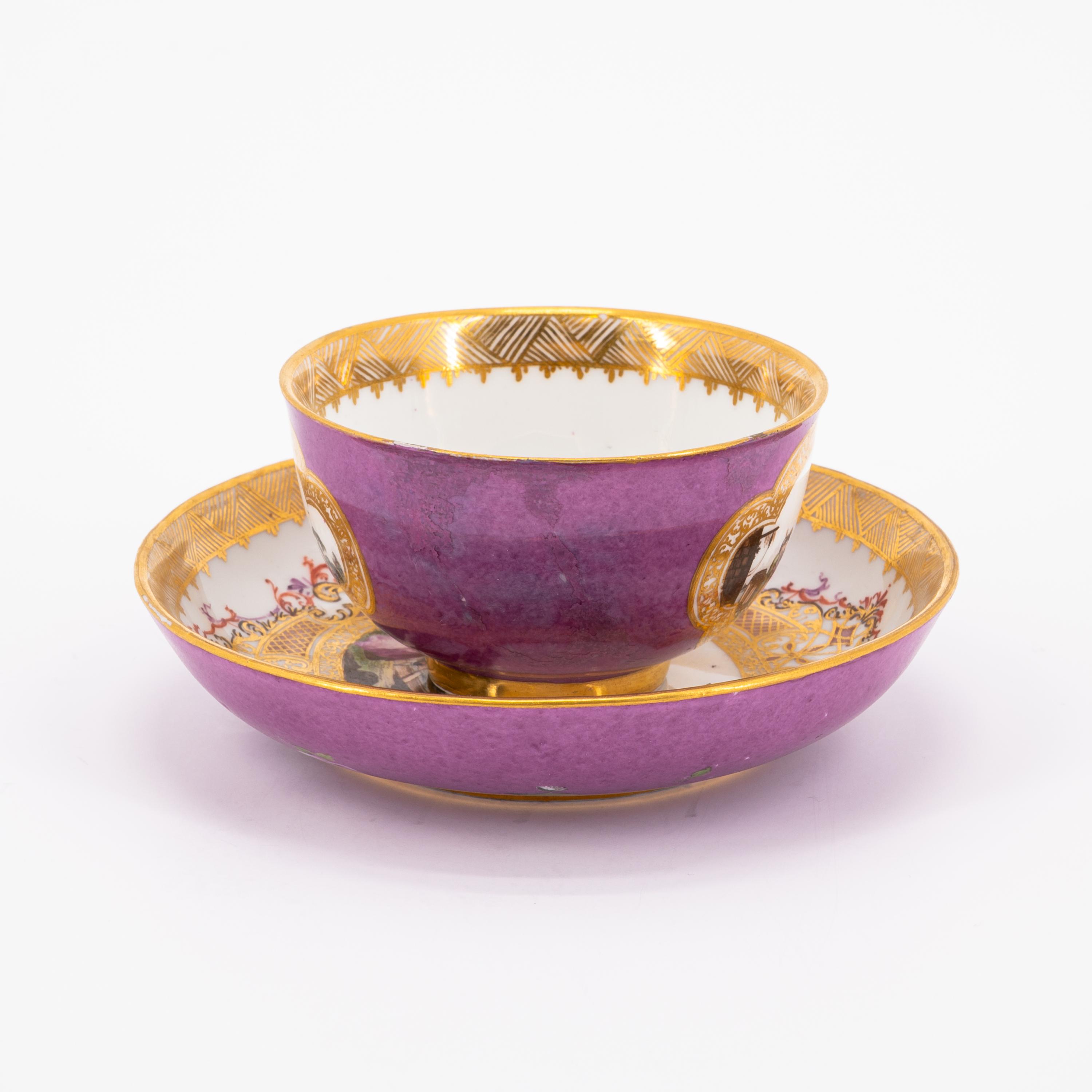 TWO PORCELAIN TEA BOWLS AND TWO SAUCER WITH PURPLE FOND AND MERCHANT NAVY SCENE - Image 7 of 11