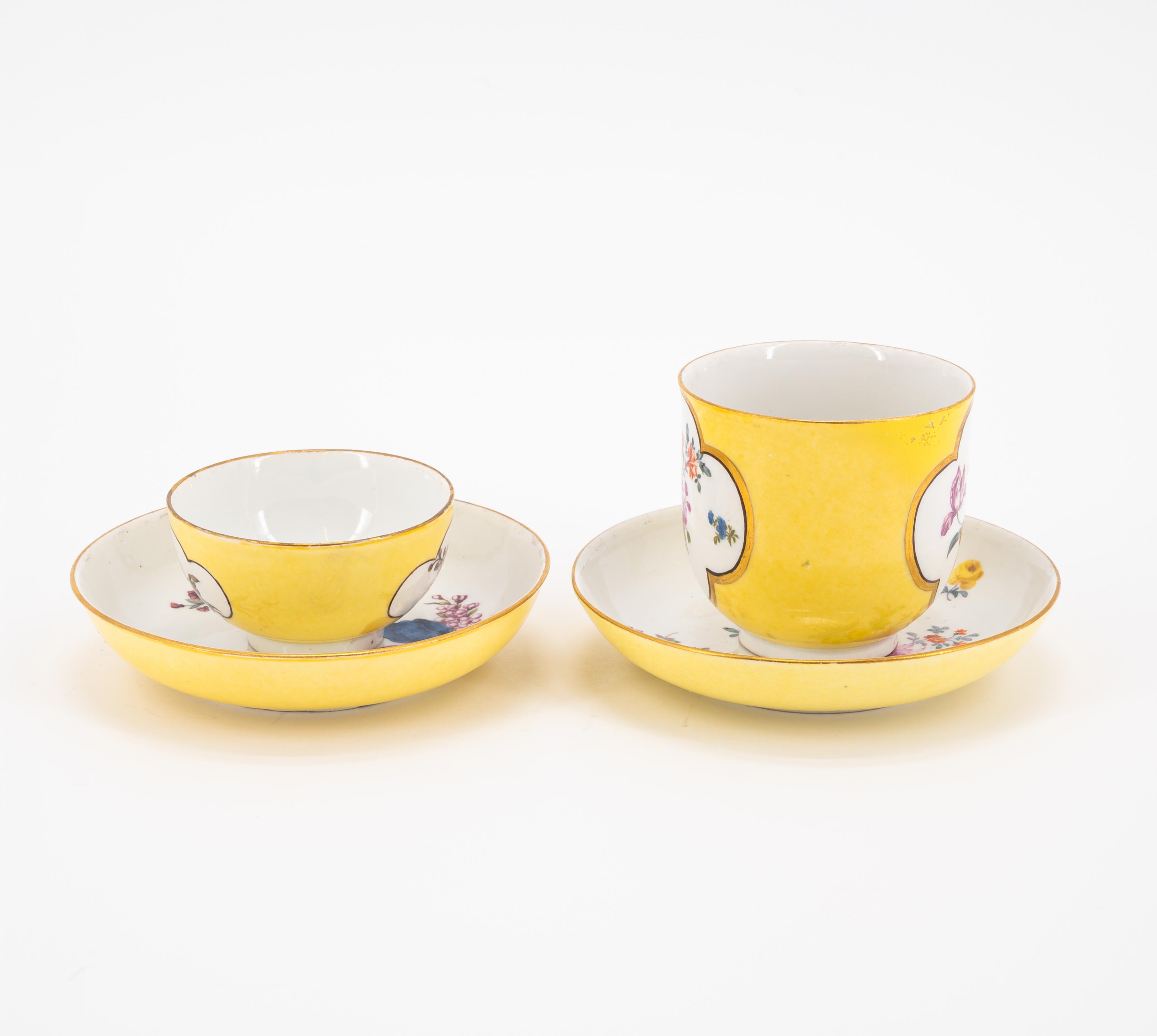 PORCELAIN TEA POT, TWO CUPS AND SAUCERS WITH YELLOW GROUND AND OMBRÉ FLORAL PAINTING - Image 4 of 11