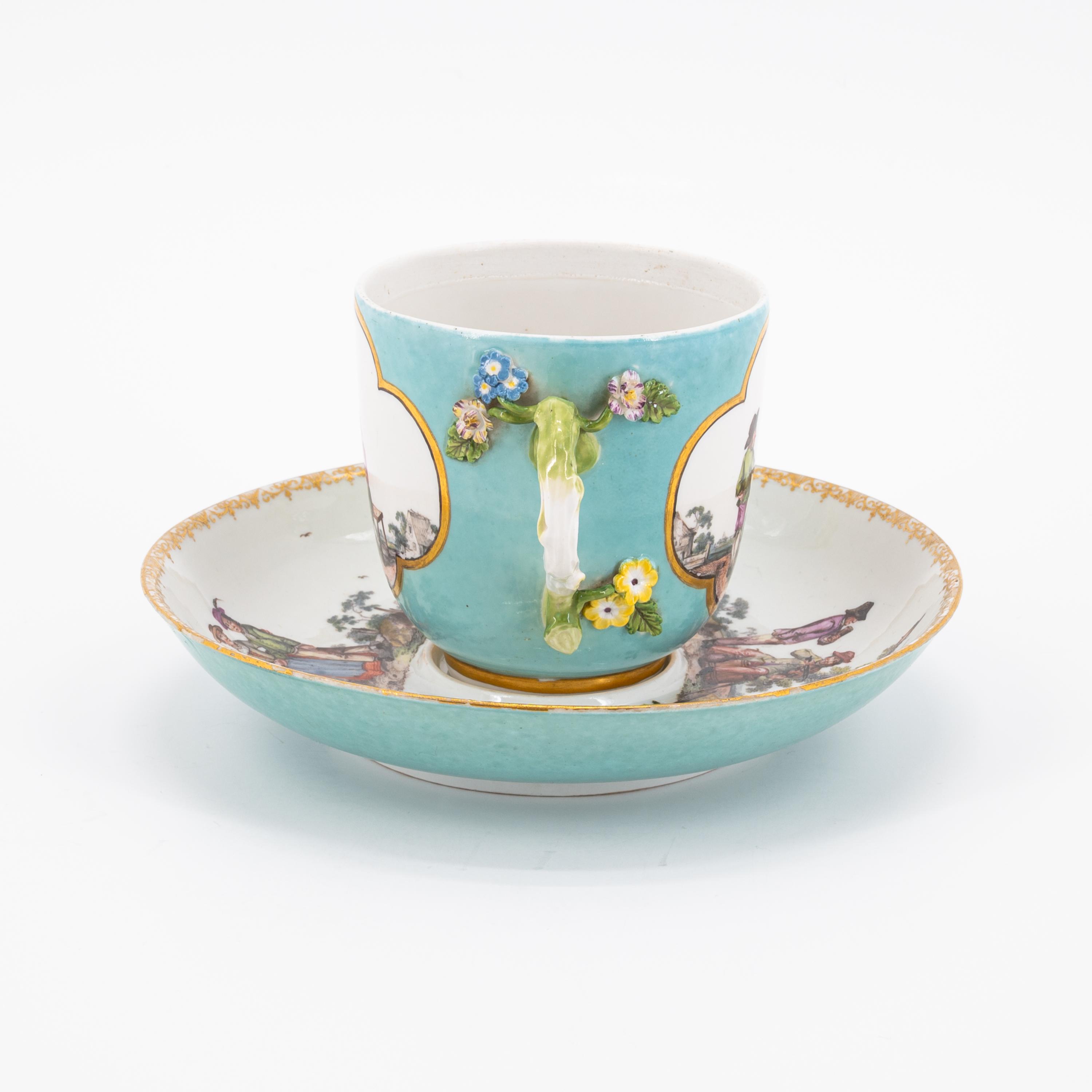 PORCELAIN MUG WITH TURQUOISE GROUND, APPLIED FLOWERS AND RURAL SCENES - Image 4 of 6