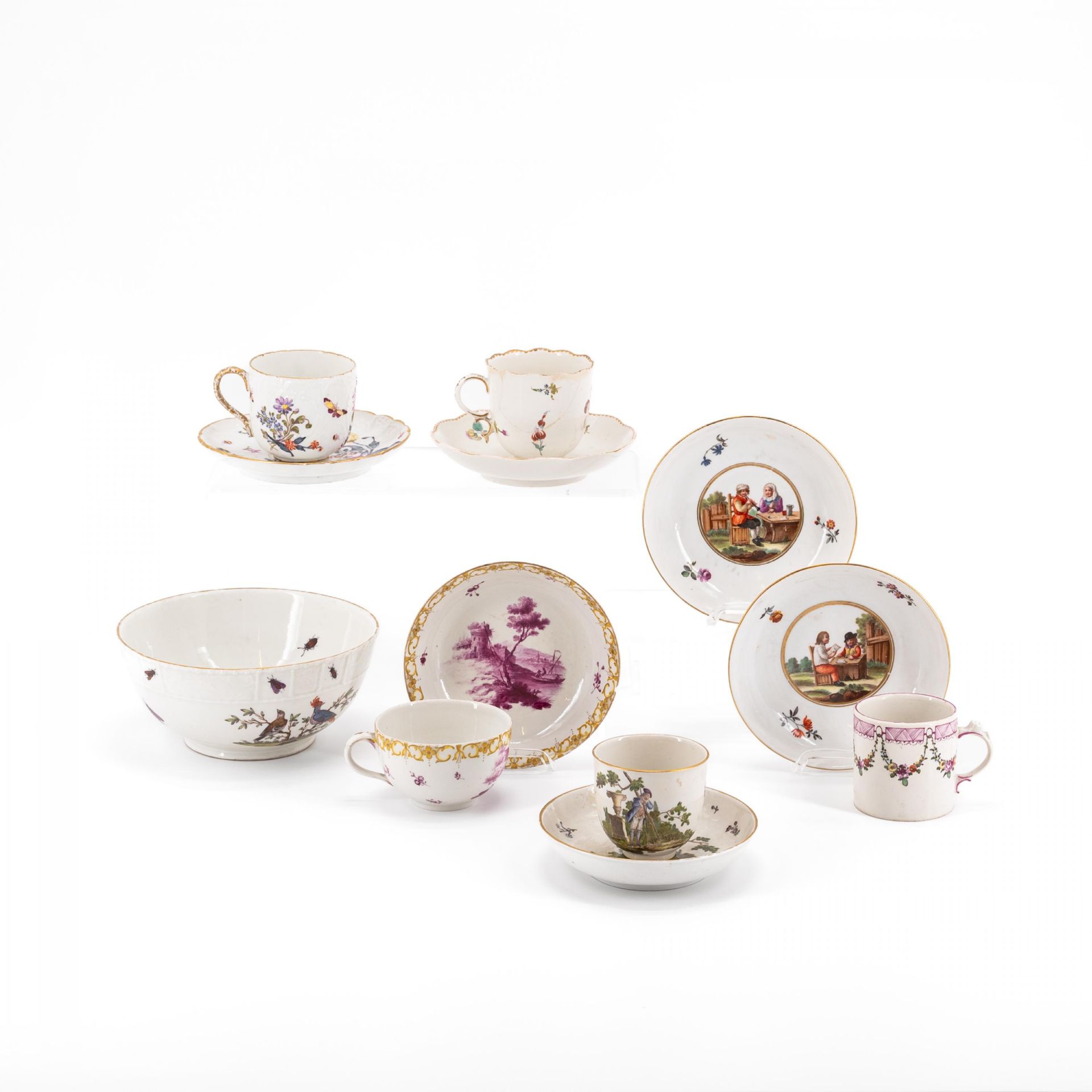 PORCELAIN SLOP BOWL, THREE CUPS AND SAUCERS WITH FIGURATIVE AND FLORAL DECOR