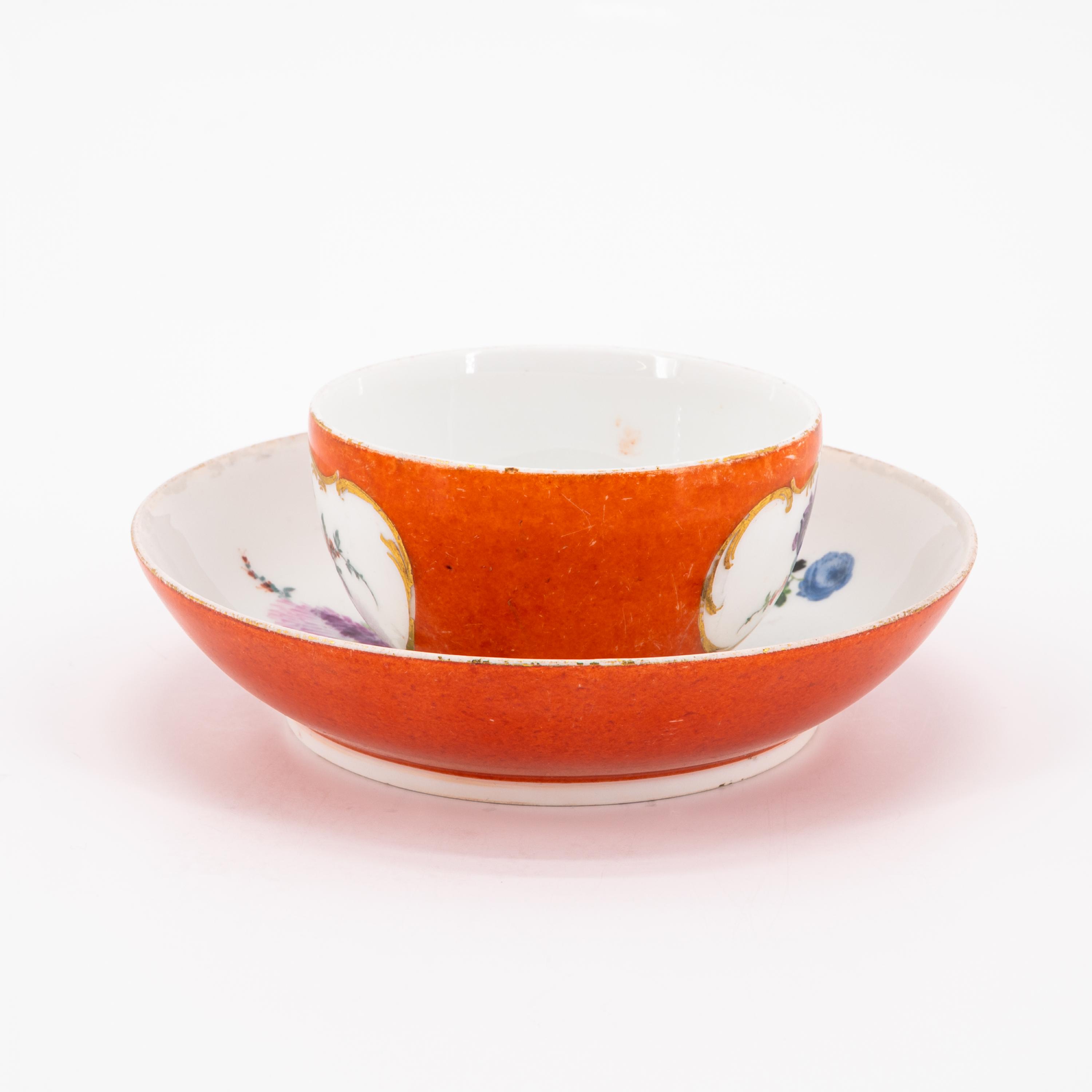 TWO PORCELAIN CUPS AND SAUCERS WITH YELLOW AND ORANGE COLOURED GROUND AS WELL AS FLORAL DECOR - Image 9 of 11