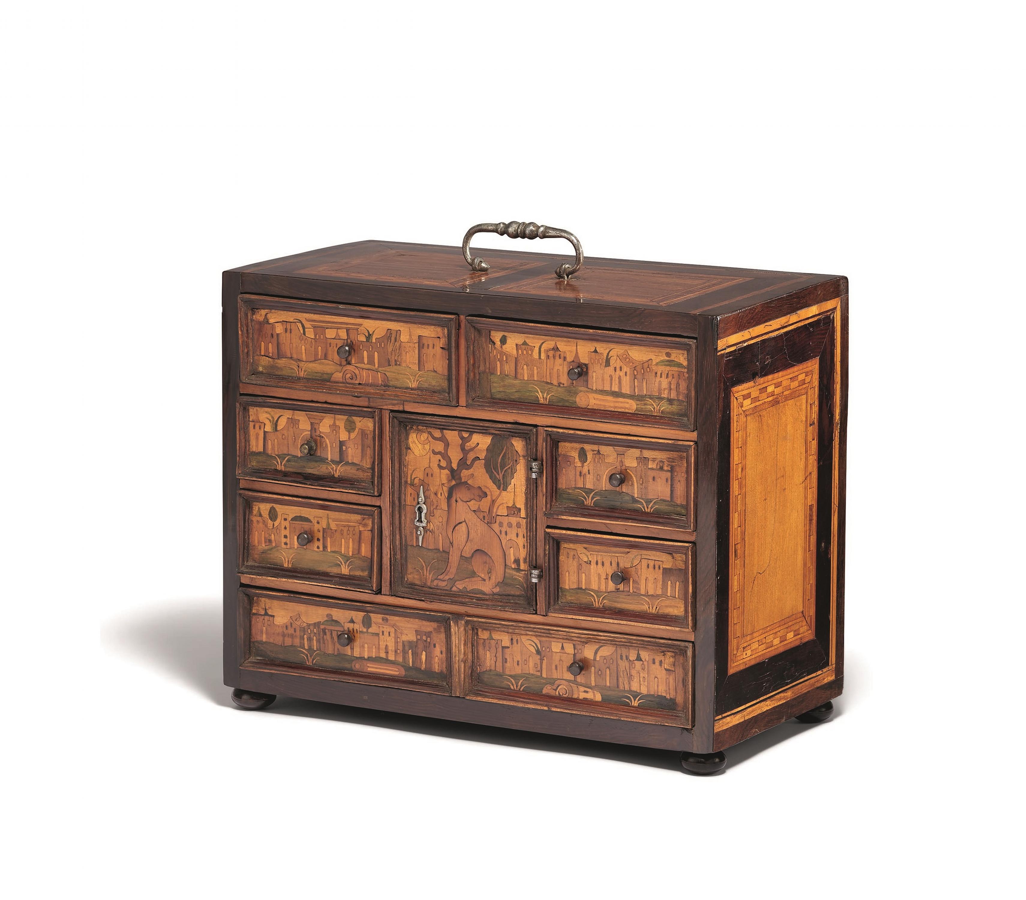 NICE WOODEN CABINET BOX WITH CITY SILHOUETTES AND DEER