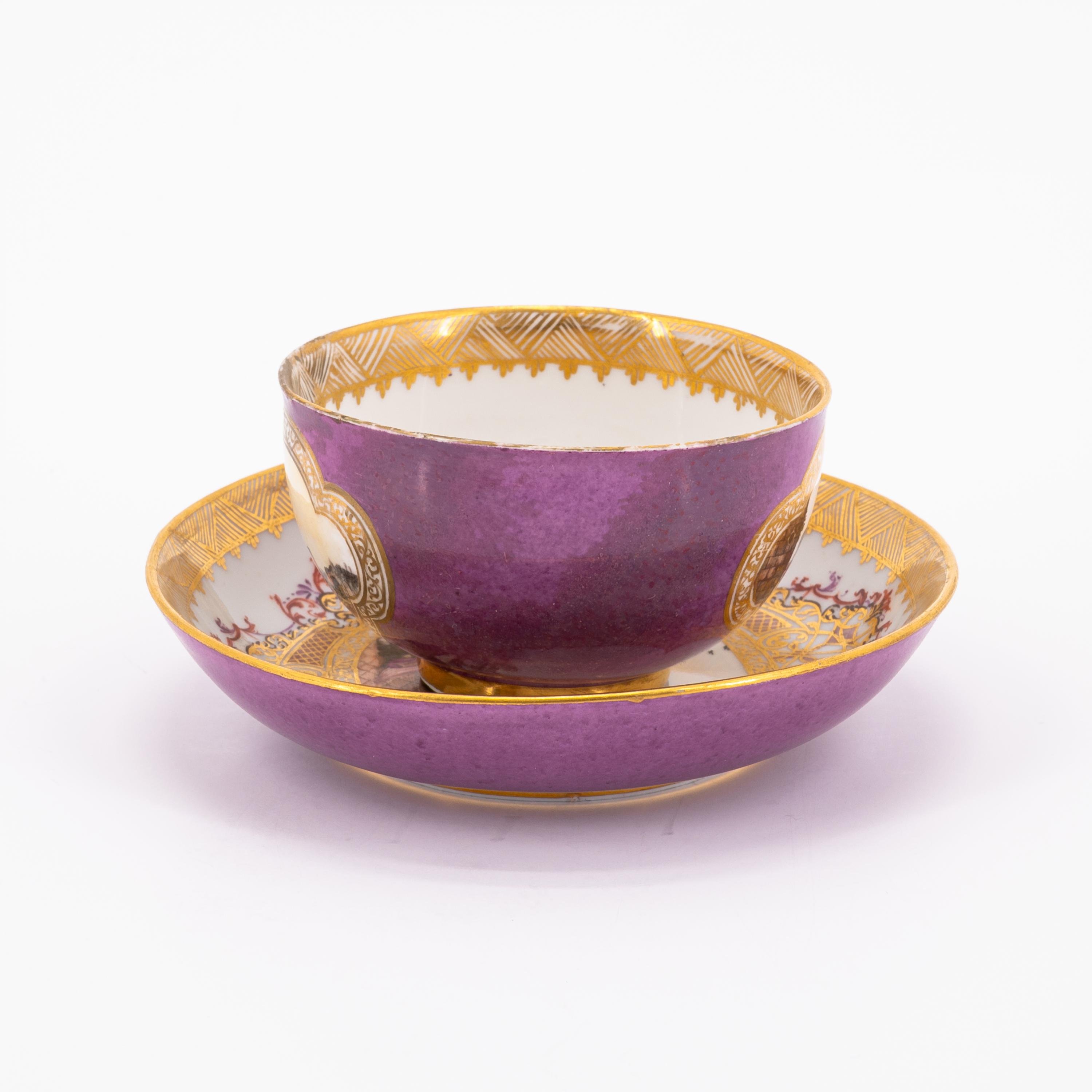 TWO PORCELAIN TEA BOWLS AND TWO SAUCER WITH PURPLE FOND AND MERCHANT NAVY SCENE - Image 2 of 11