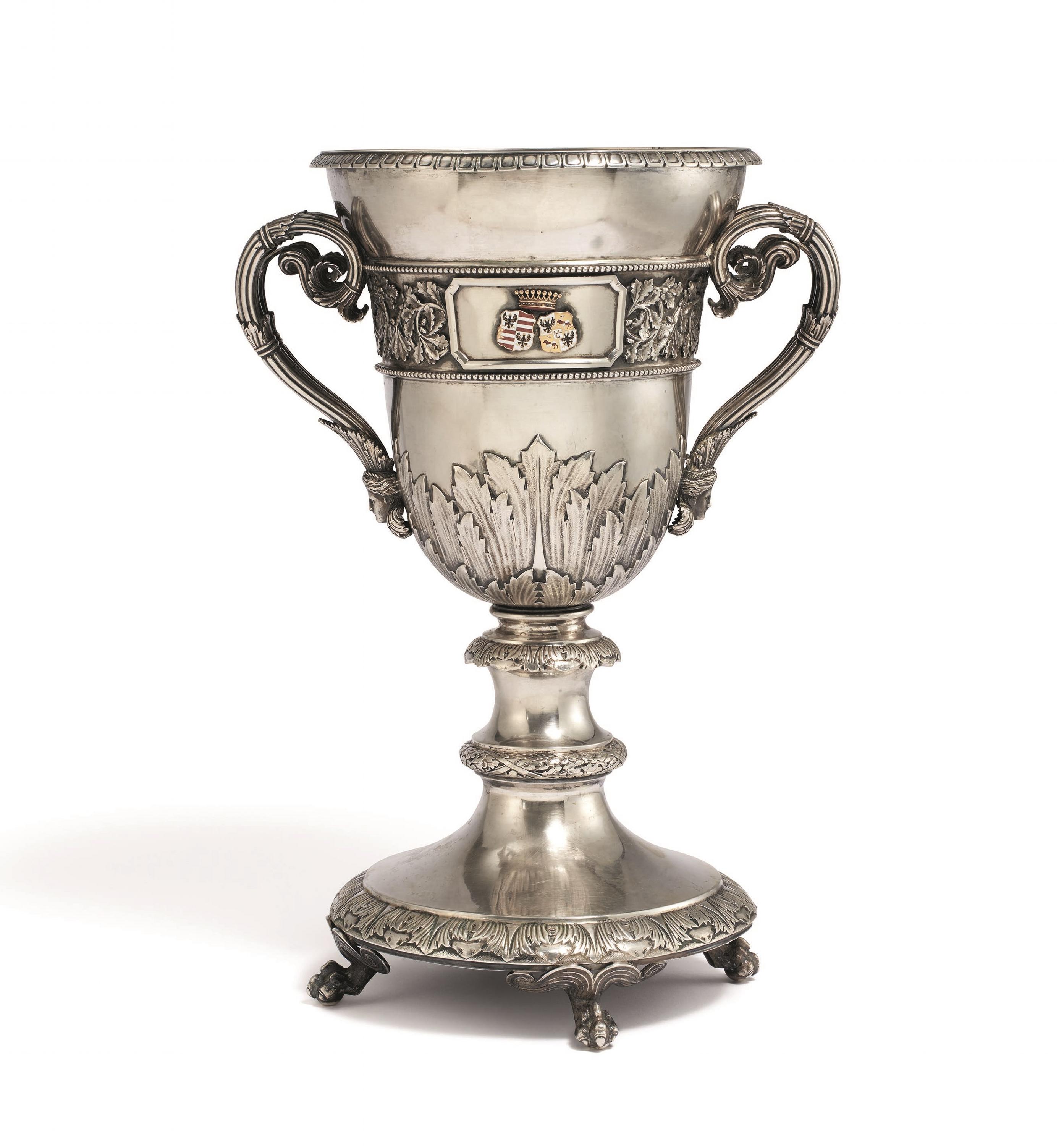 MAGNIFICENT SILVER DOUBLE HANDLED GOBLET WITH DEDICATION FOR THE SILVER WEDDING ANNIVERSARY OF COUNT