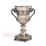 MAGNIFICENT SILVER DOUBLE HANDLED GOBLET WITH DEDICATION FOR THE SILVER WEDDING ANNIVERSARY OF COUNT