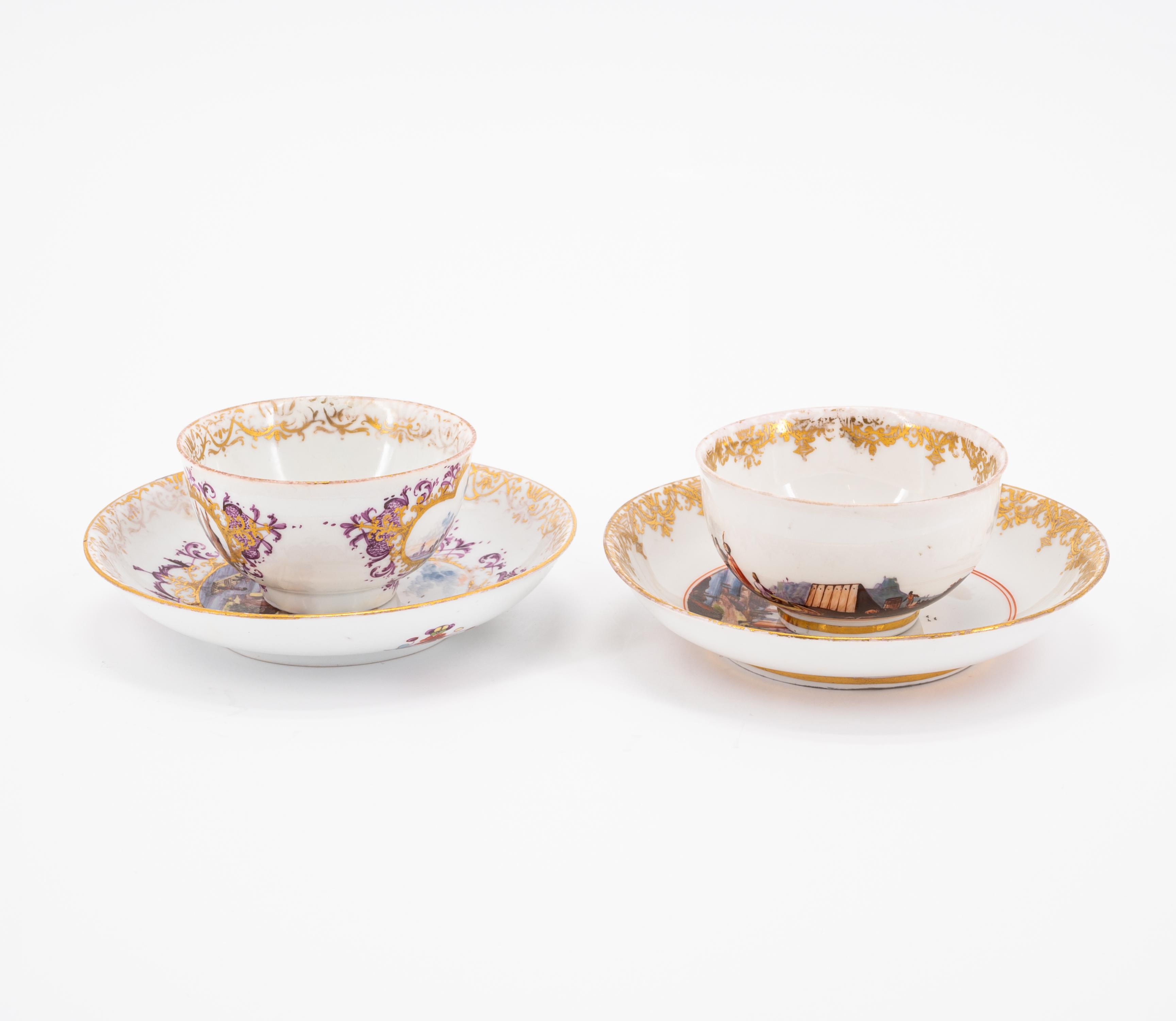 TWO TEA BOWLS WITH SAUCERS AND ONE SUGAR BOWL AND LID WITH MERCHANT SCENES - Image 2 of 11