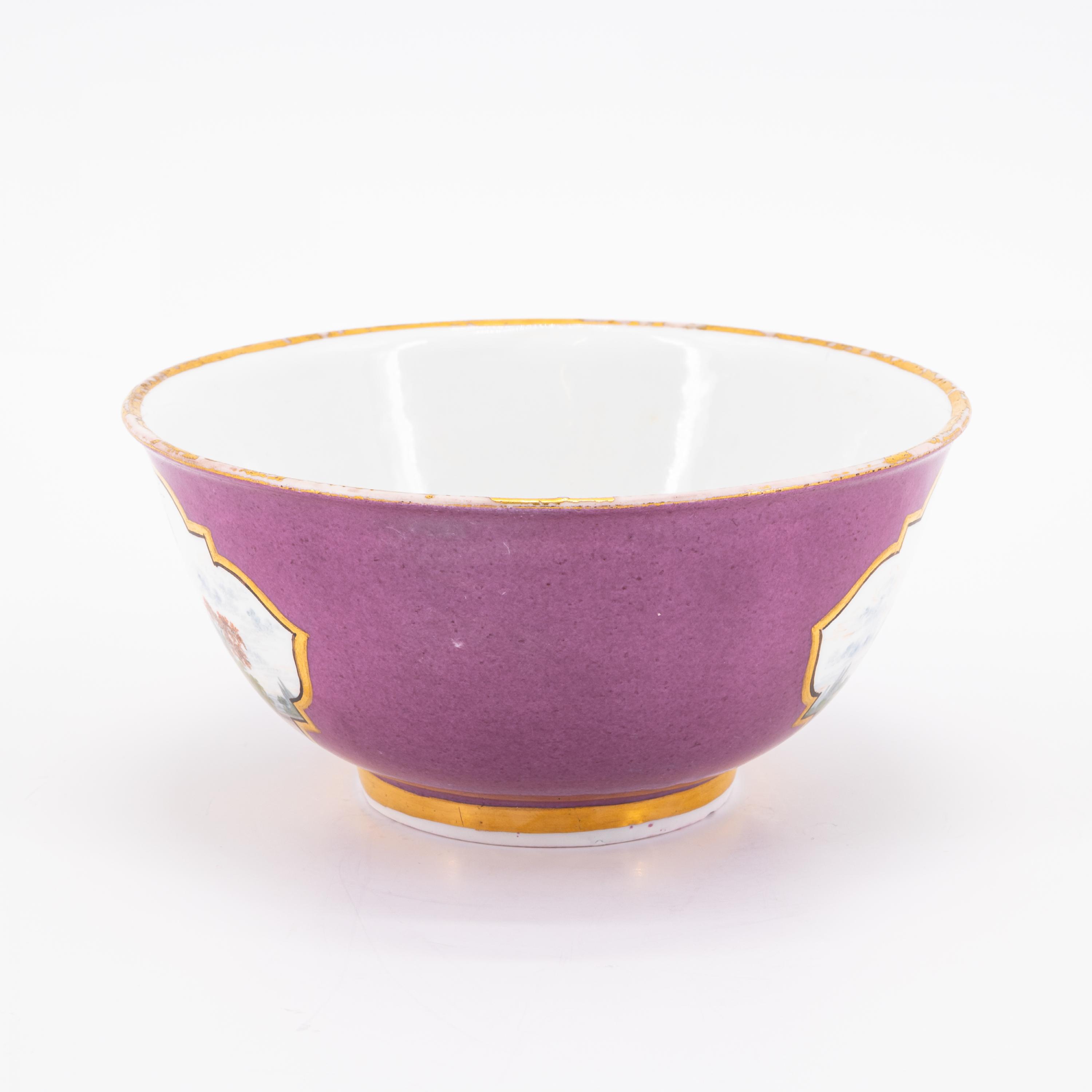 PORCELAIN SLOP BOWL, CUP WITH SAUCER AND PURPLE GROUND AND GALLANT PARK SCENES - Image 7 of 11