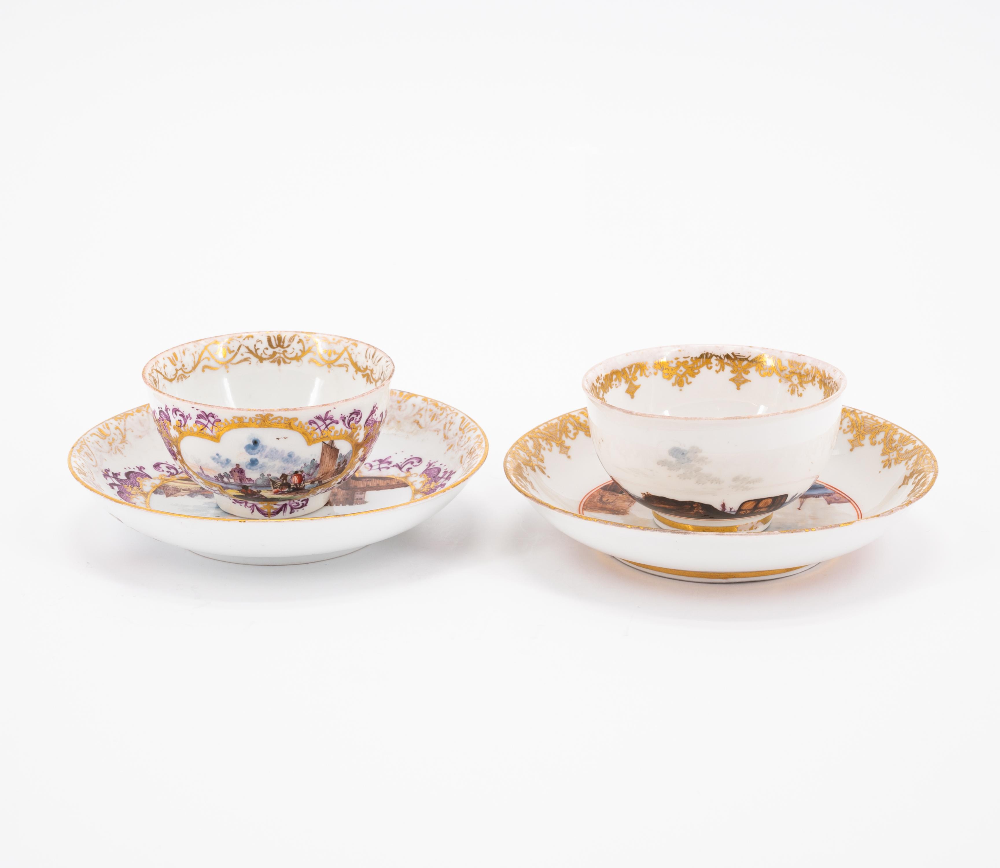 TWO TEA BOWLS WITH SAUCERS AND ONE SUGAR BOWL AND LID WITH MERCHANT SCENES - Image 3 of 11