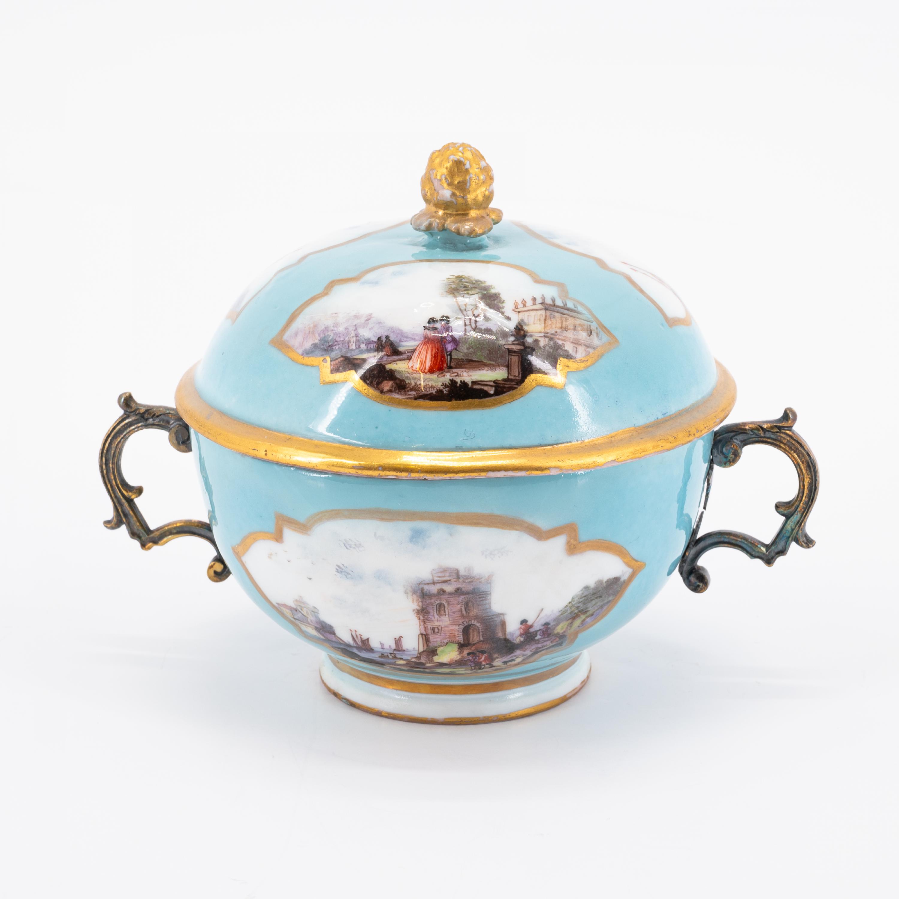 SMALL PORCELAIN TUREEN AND SAUCER WITH TURQUOISE BACKGROUND AND MERCHANT'S NAVY SCENES - Image 5 of 8