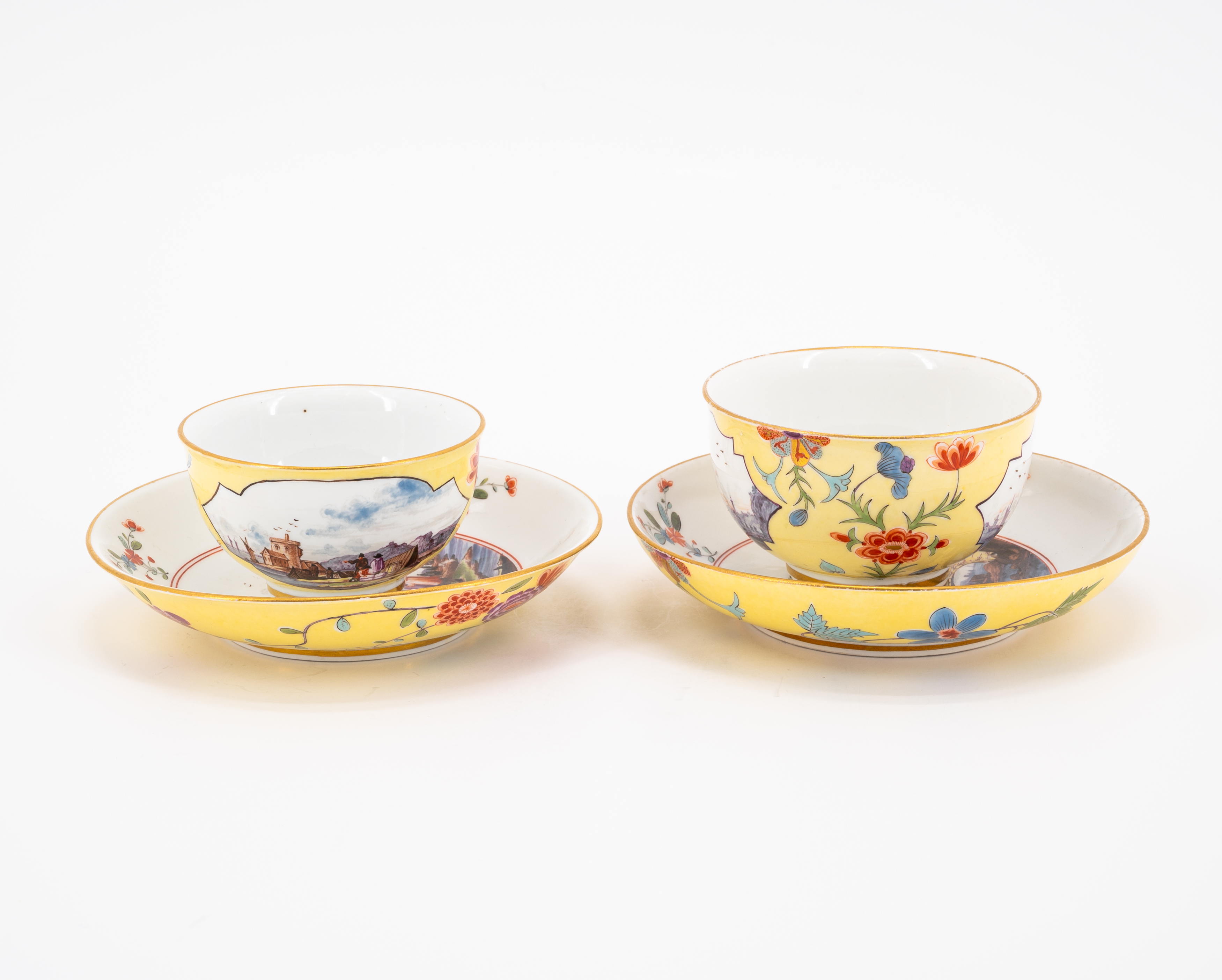 PORCELAIN CUP AND TEA BOWL WITH SAUCERS AND MERCHANT SCENES ON YELLOW GROUND - Image 4 of 6