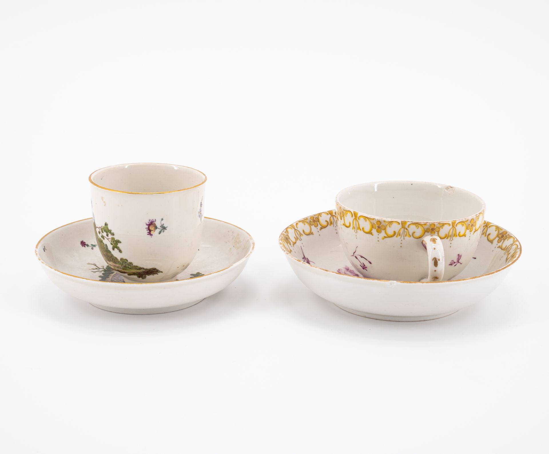 PORCELAIN SLOP BOWL, THREE CUPS AND SAUCERS WITH FIGURATIVE AND FLORAL DECOR - Image 13 of 22