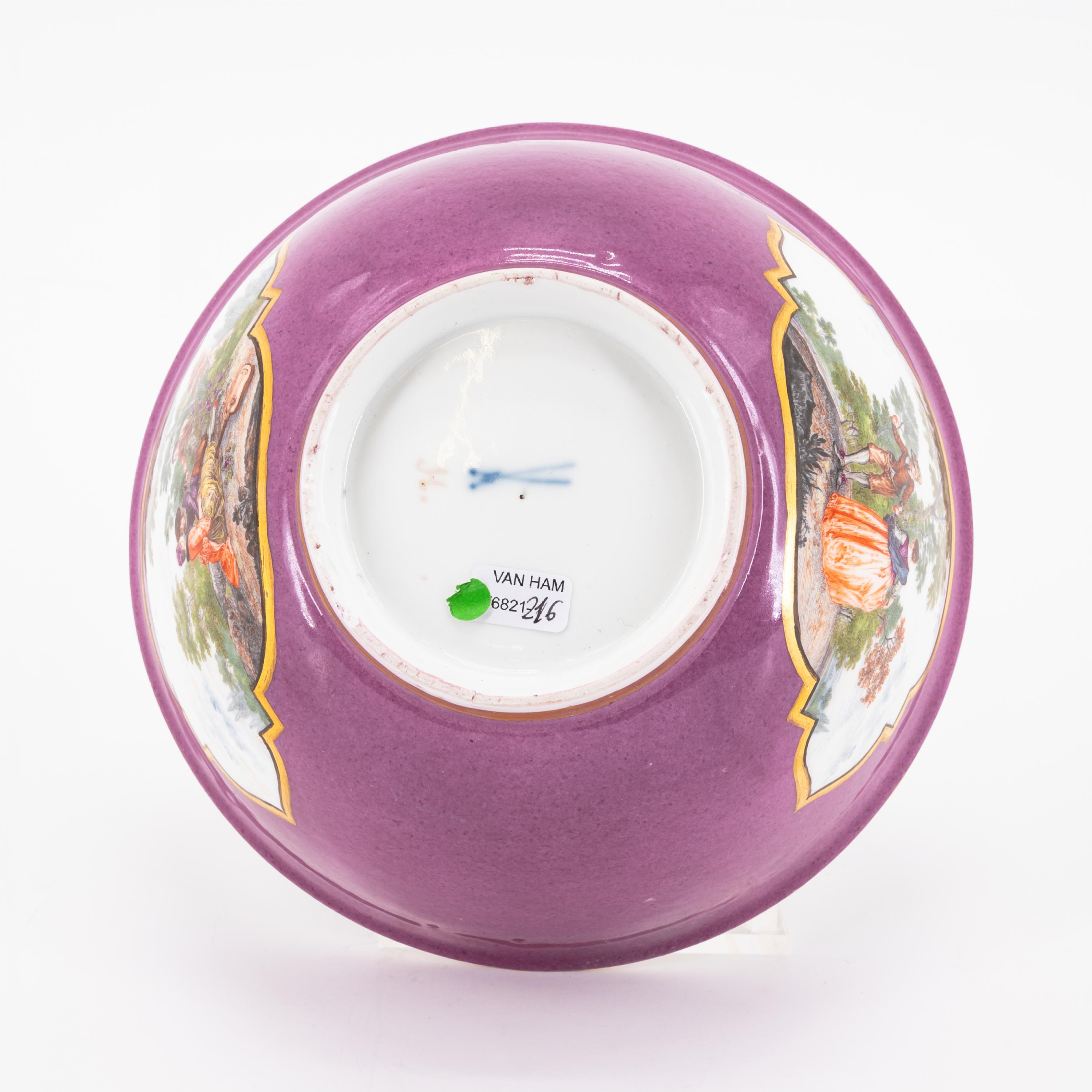 PORCELAIN SLOP BOWL, CUP WITH SAUCER AND PURPLE GROUND AND GALLANT PARK SCENES - Image 11 of 11