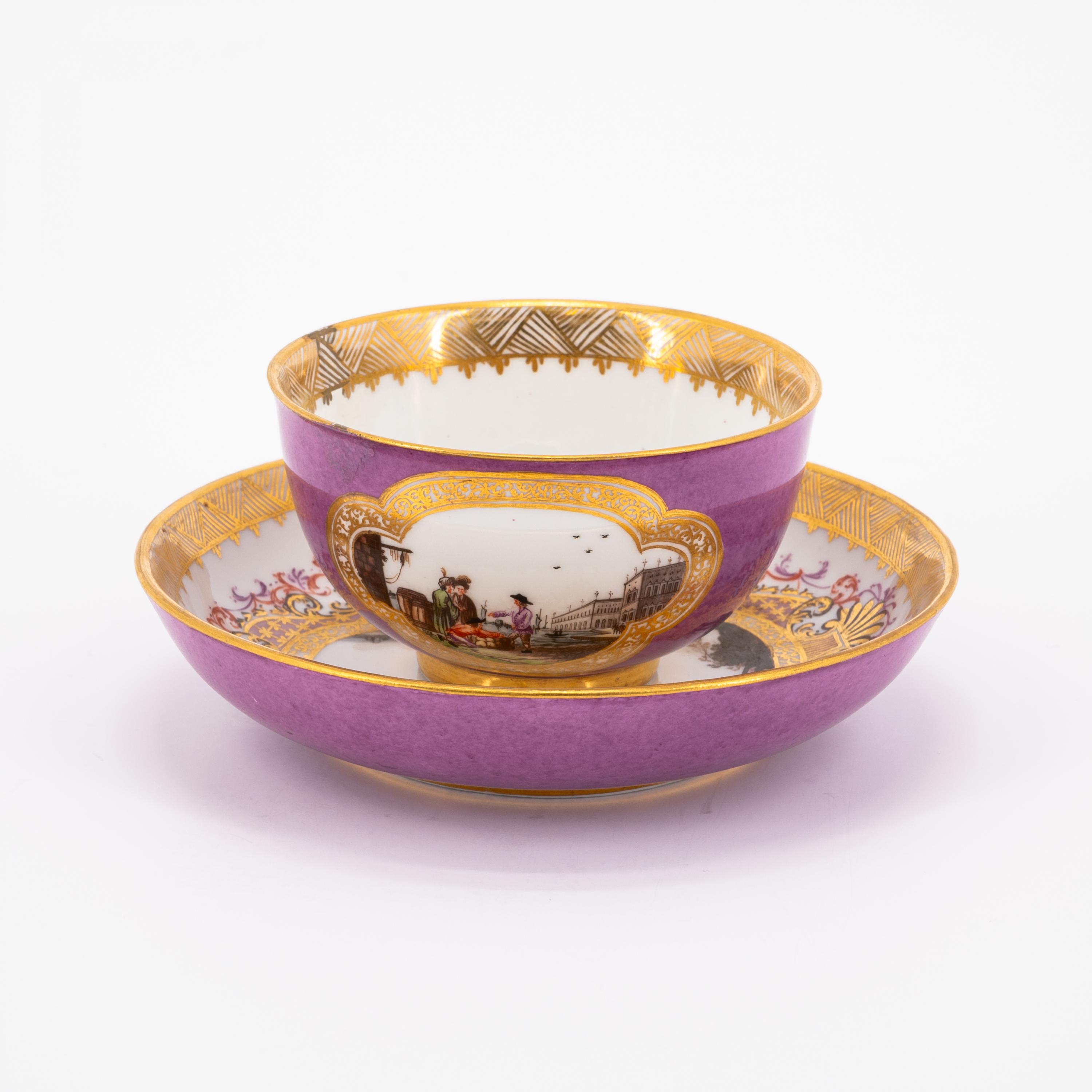 TWO PORCELAIN TEA BOWLS AND TWO SAUCER WITH PURPLE FOND AND MERCHANT NAVY SCENE - Image 8 of 11
