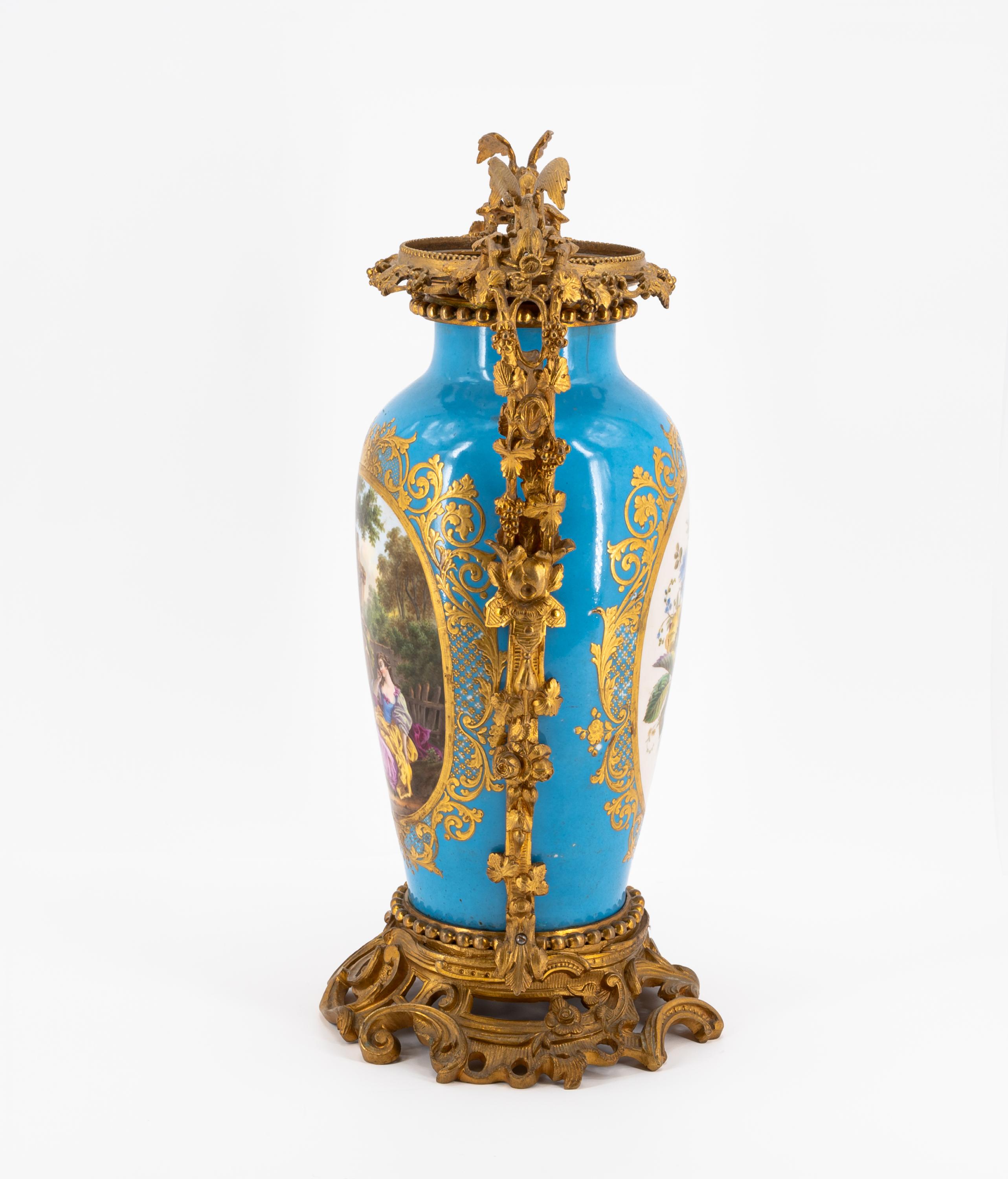LARGE PORCELAIN VASE WITH TURQUOISE GROUND, PARK SCENE AND BRONZE MOUNTINGS - Image 2 of 5