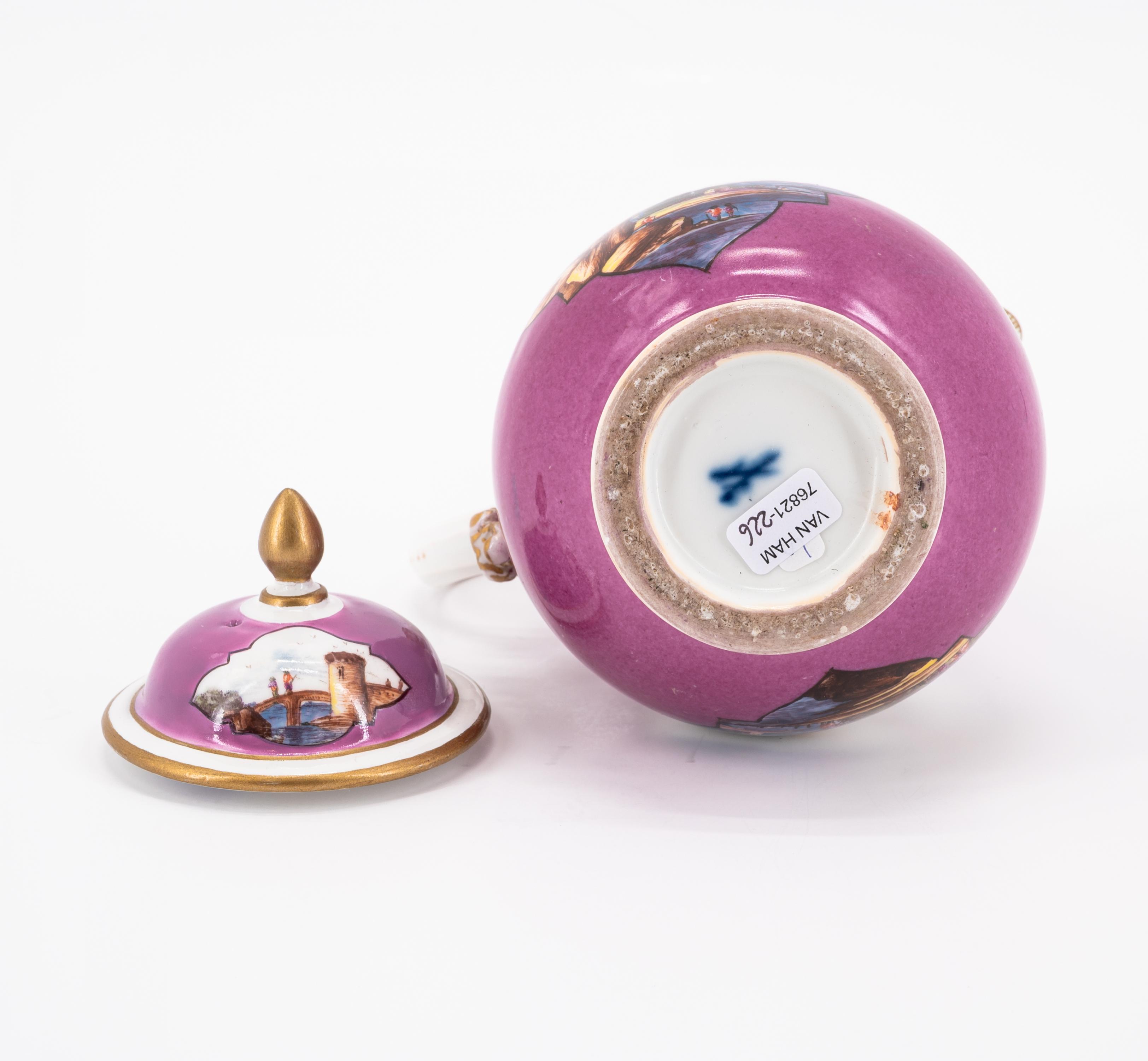 A PORCELAIN COFFEE JUG, CUP AND SAUCER WITH PURPLE GROUND AND LANDSCAPE CARTOUCHES - Image 11 of 11