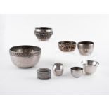 ENSEMBLE OF SIX SILVER BOWLS AND TWO BOXES