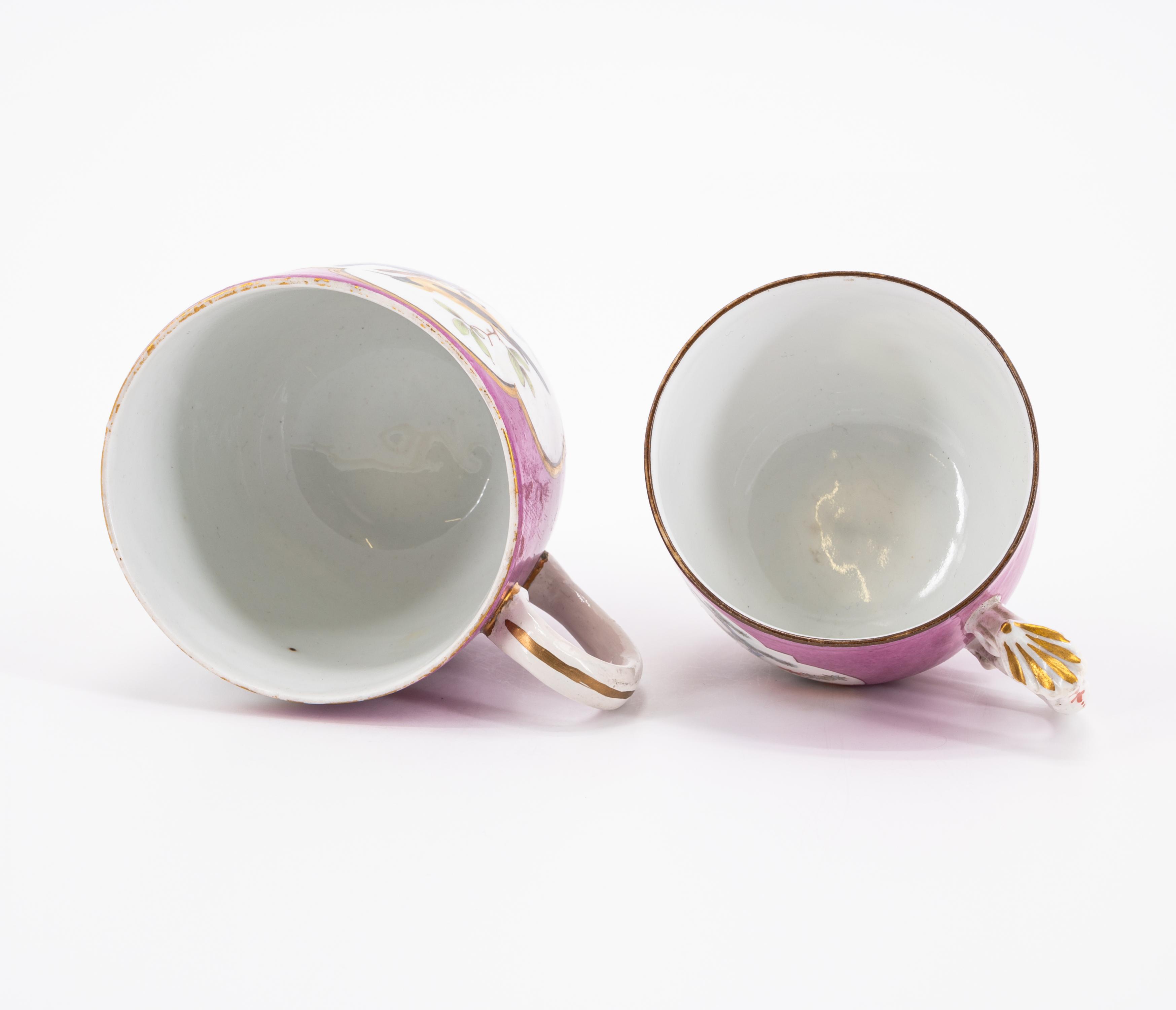 ONE PORCELAIN CUP AND SAUCER WITH QUAIL DECOR & TWO CUPS WITH PURPLE BACKGROUND AND BIRD DECOATIONS - Image 5 of 11