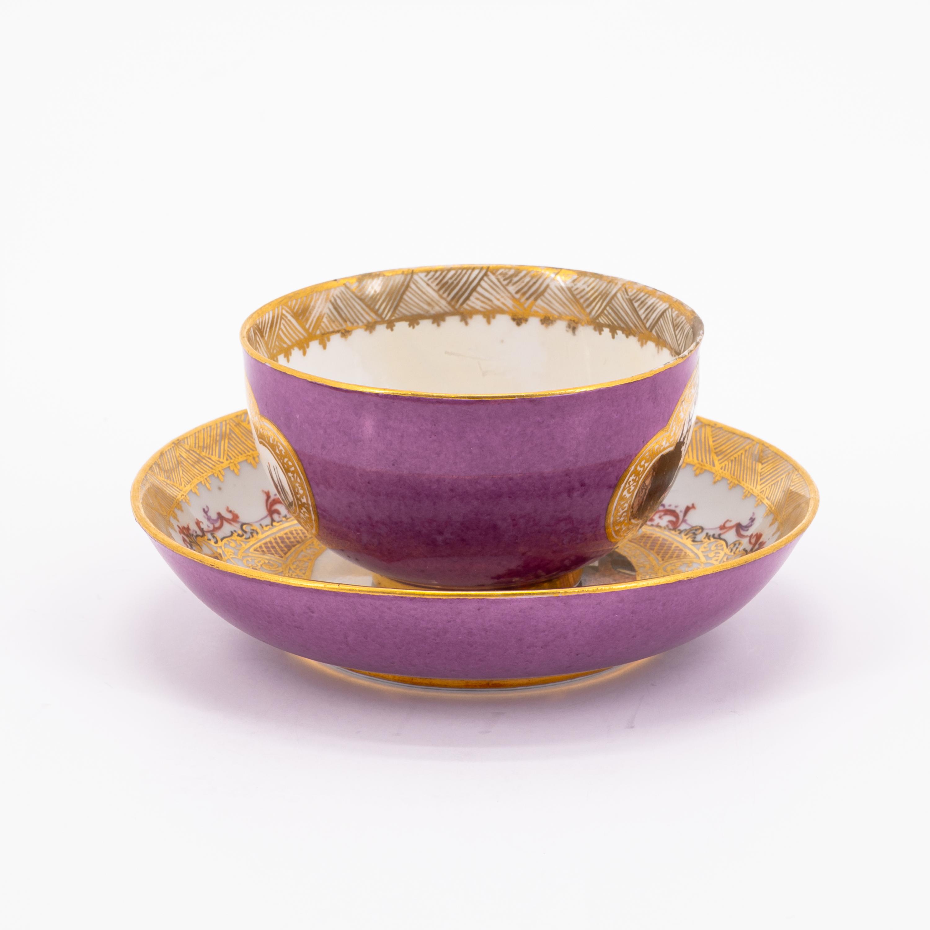 TWO PORCELAIN TEA BOWLS AND TWO SAUCER WITH PURPLE FOND AND MERCHANT NAVY SCENE - Image 4 of 11