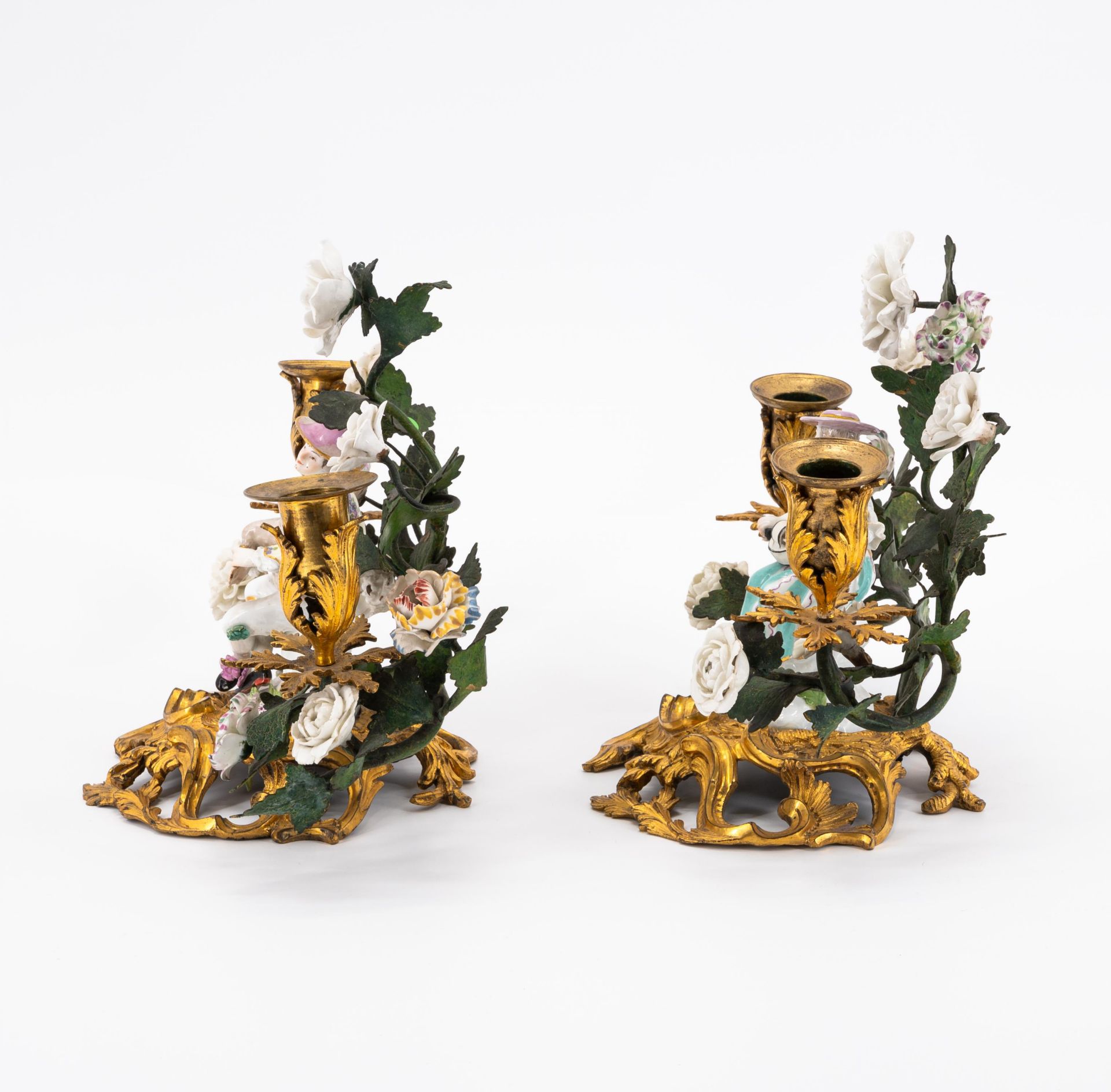 BRONZE AND PORCELAIN PAIR OF TWO-LIGHT CANDLESTICKS WITH COLUMBINE AND HARLEQUIN - Image 3 of 5