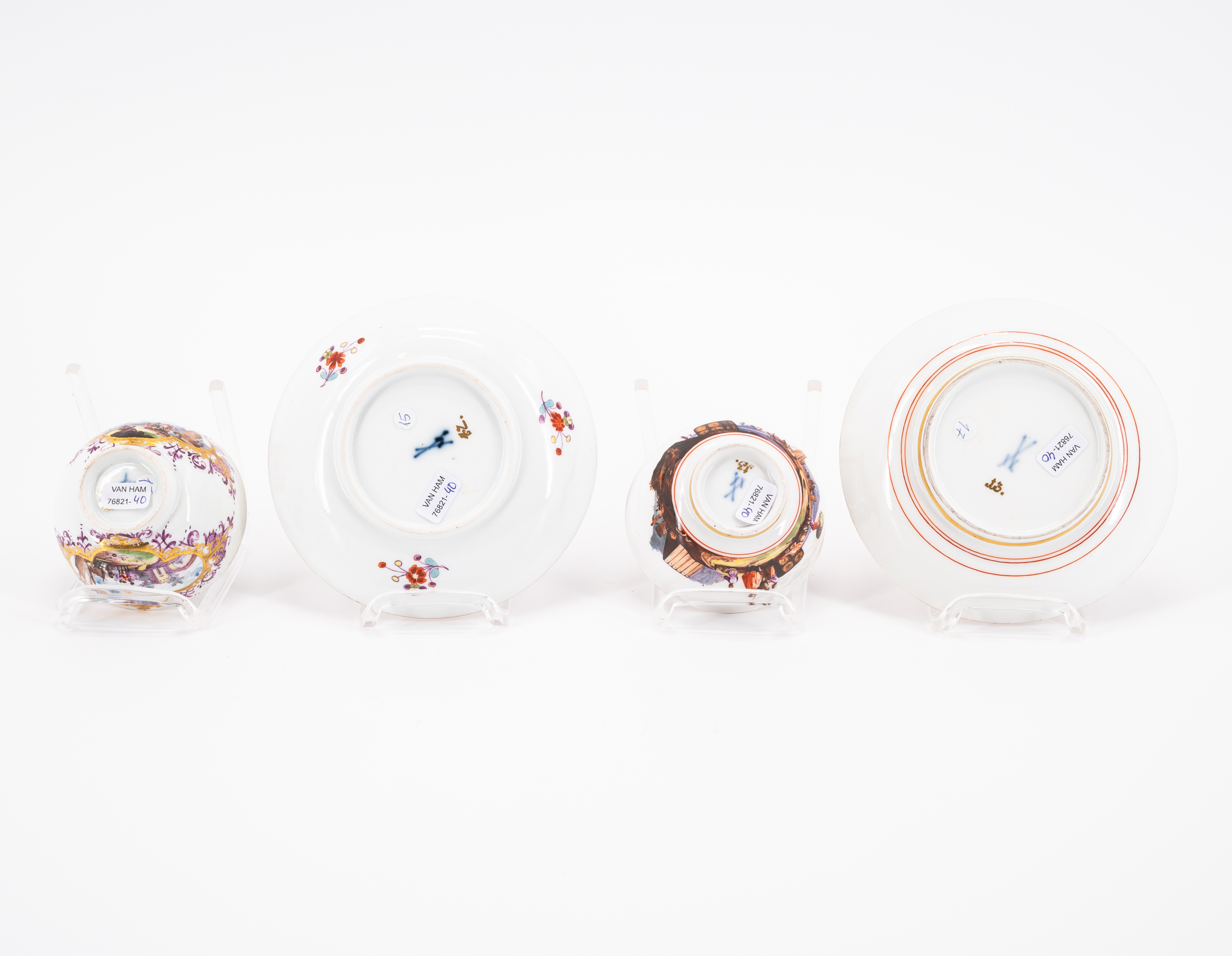 TWO TEA BOWLS WITH SAUCERS AND ONE SUGAR BOWL AND LID WITH MERCHANT SCENES - Image 6 of 11